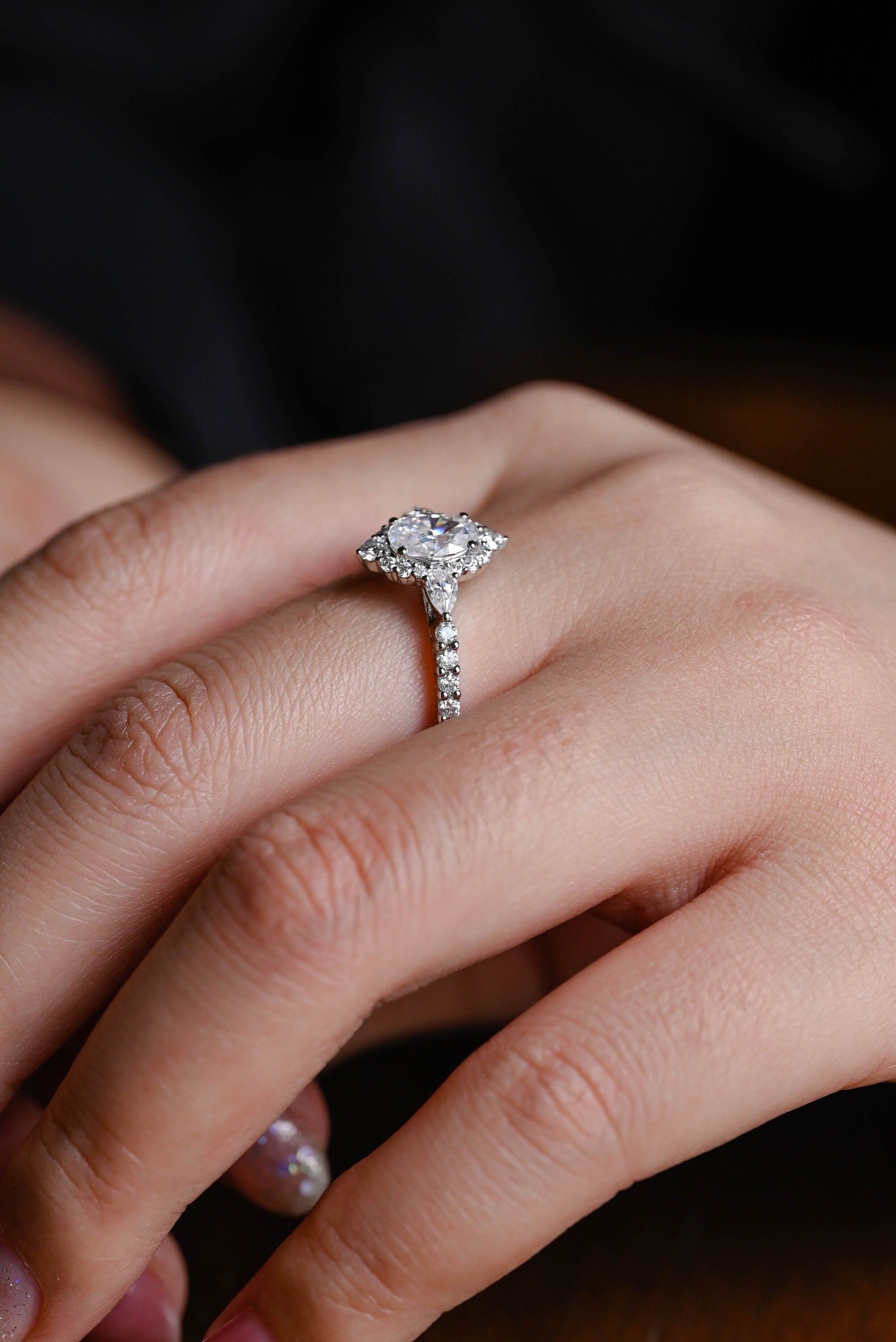 Solid Gold Halo Crushed Ice Oval Moissanite Engagement Ring, Half Eternity Proposal Ring