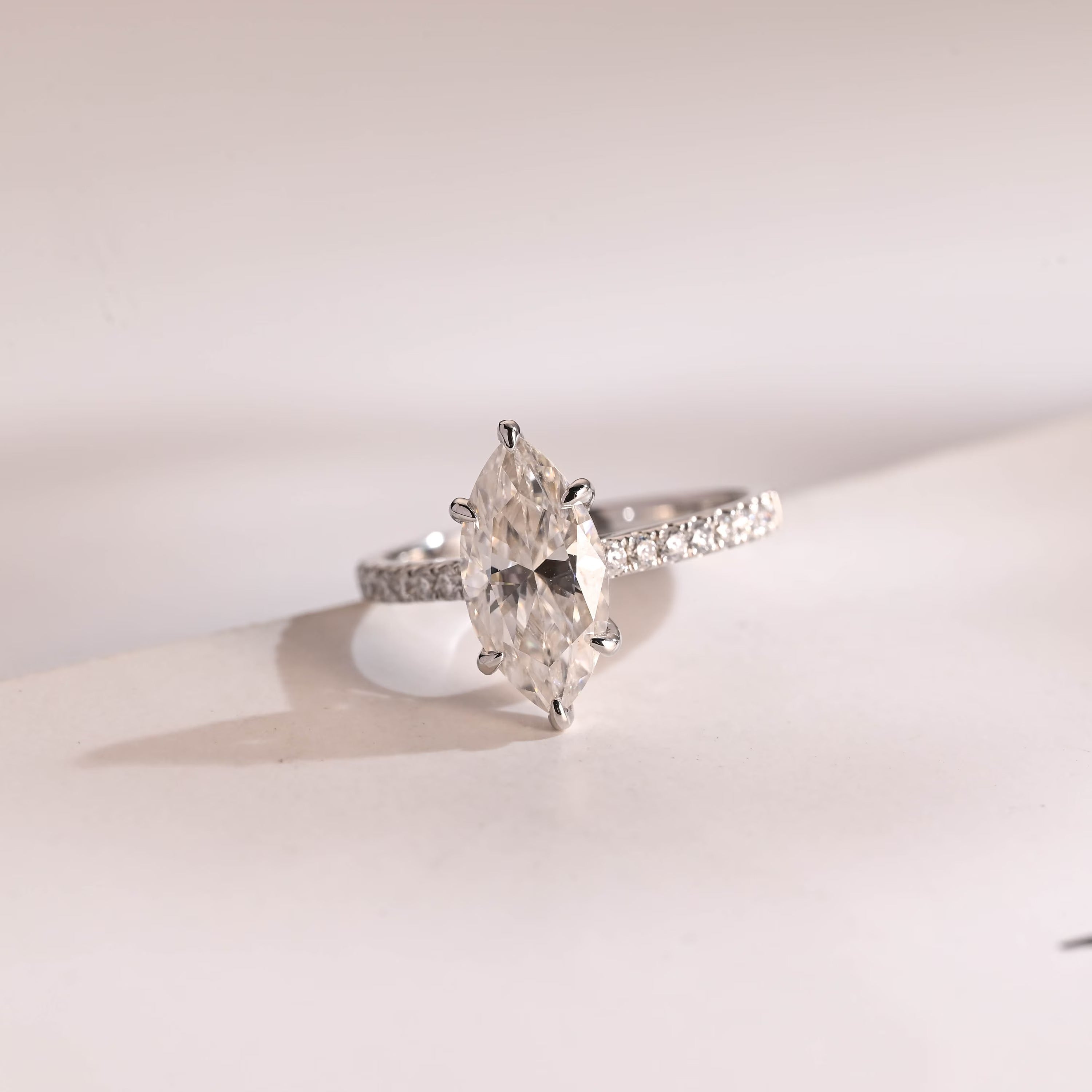 Solid Gold Marquise Cut Moissanite Engagement Ring with Hidden Halo Main image