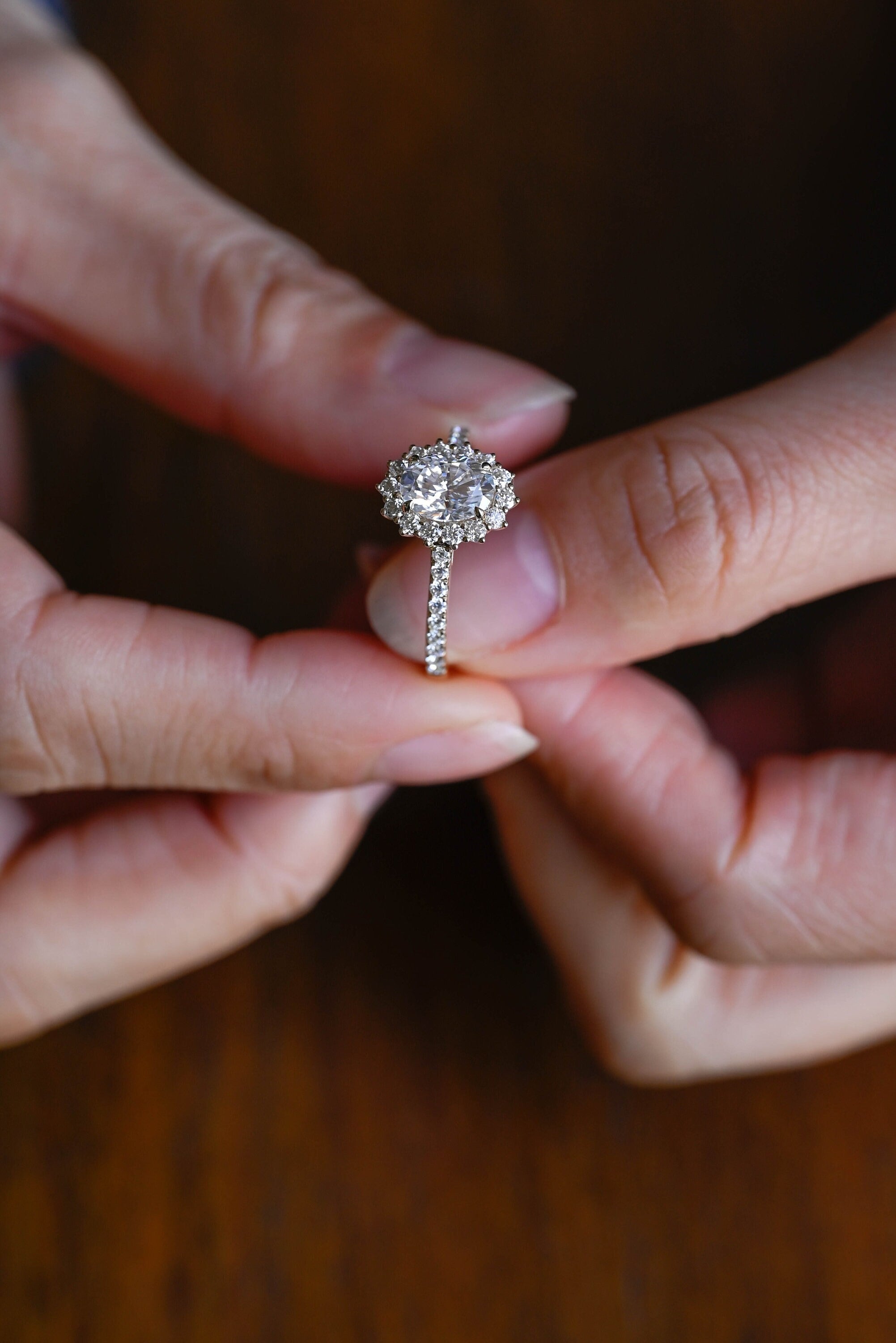 Solid Gold Floral Halo Oval Moissanite Engagement Ring, Half Eternity Proposal Ring
