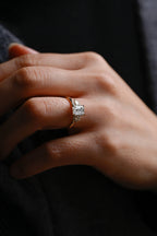 Solid Gold Emerald Cut Moissanite Engagement Ring With Trapezoid, Dainty Cluster Promise Ring