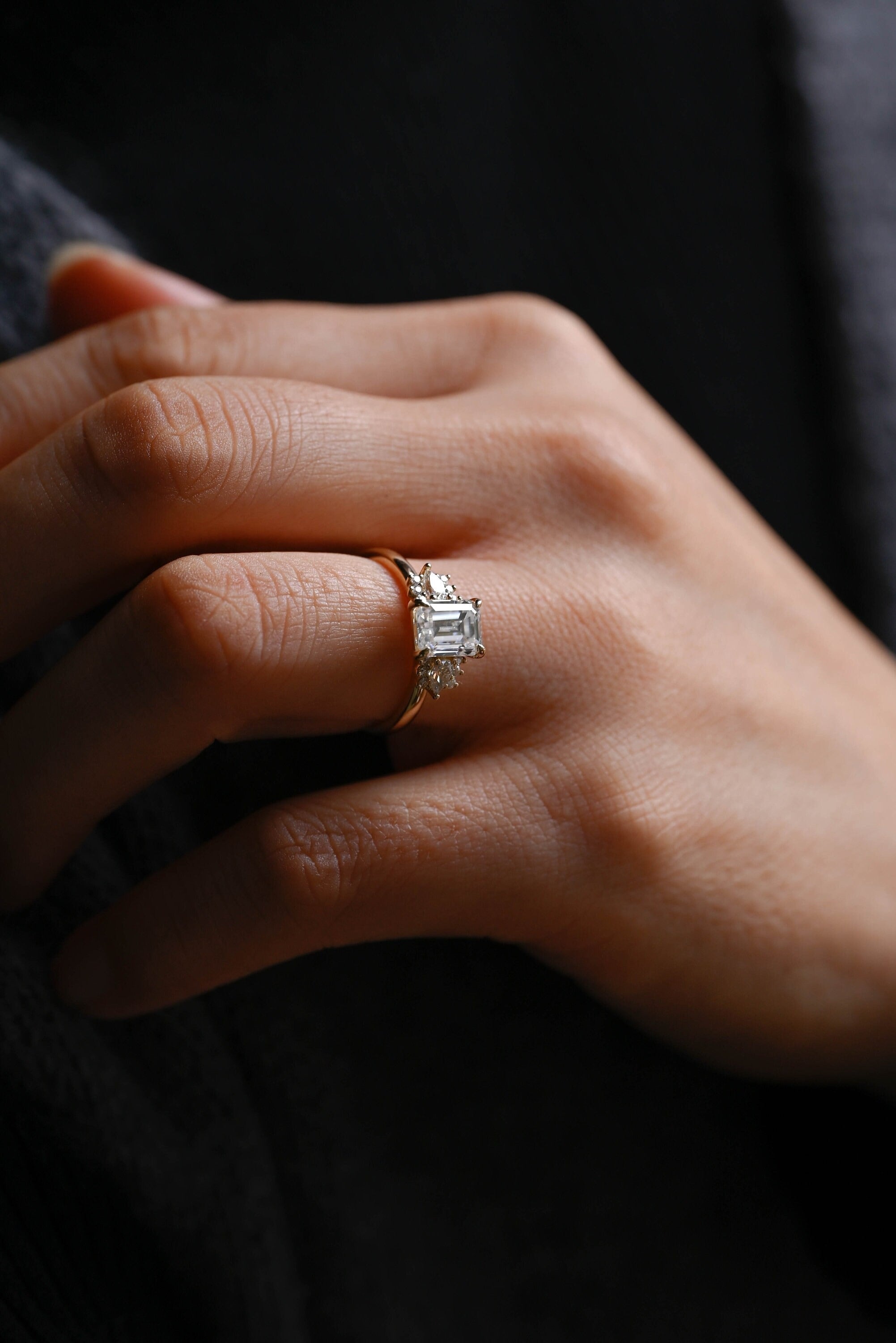 Solid Gold Emerald Cut Moissanite Engagement Ring With Trapezoid, Dainty Cluster Promise Ring