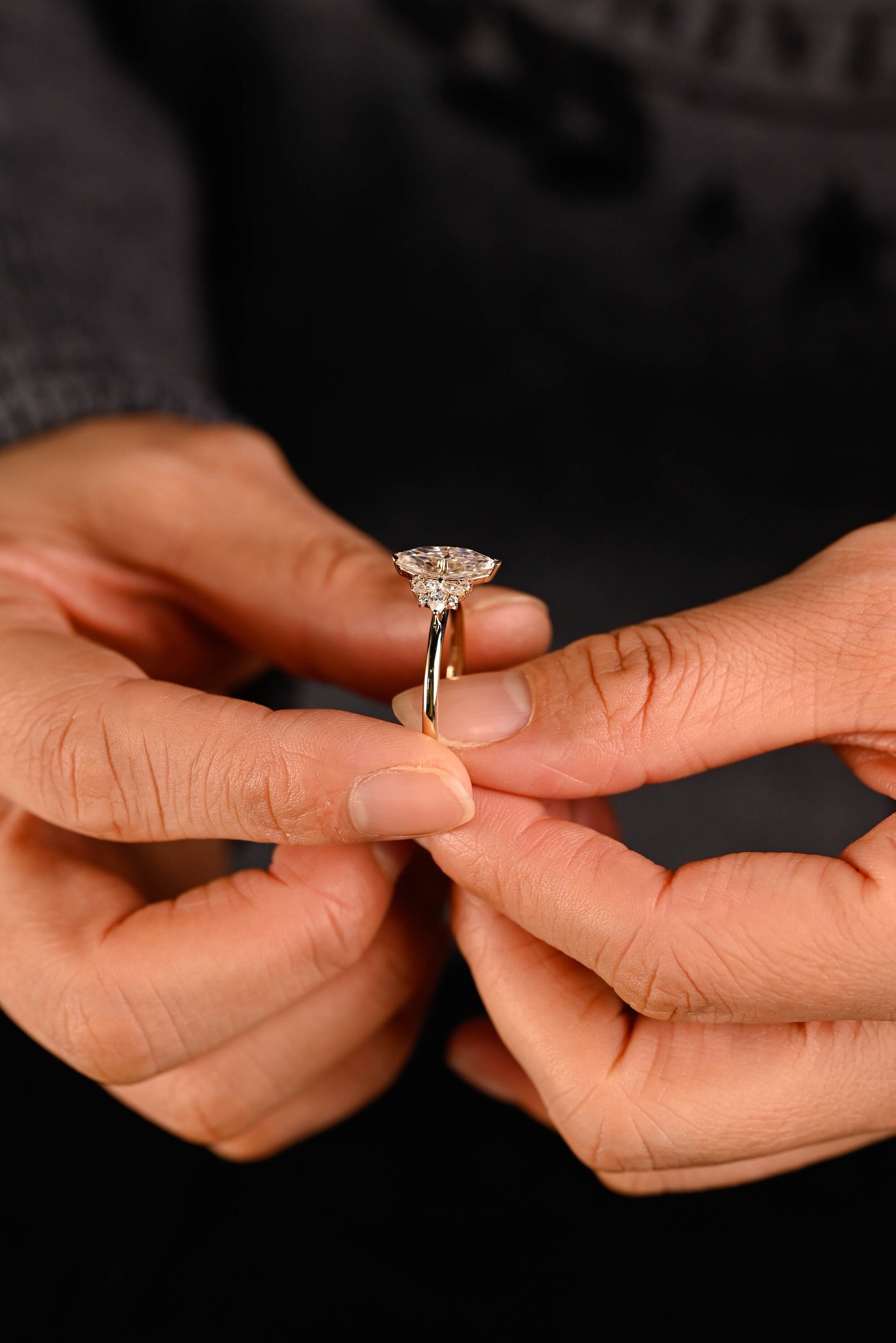Solid Gold Marquise Moissanite Engagement Ring with Accent Stones
