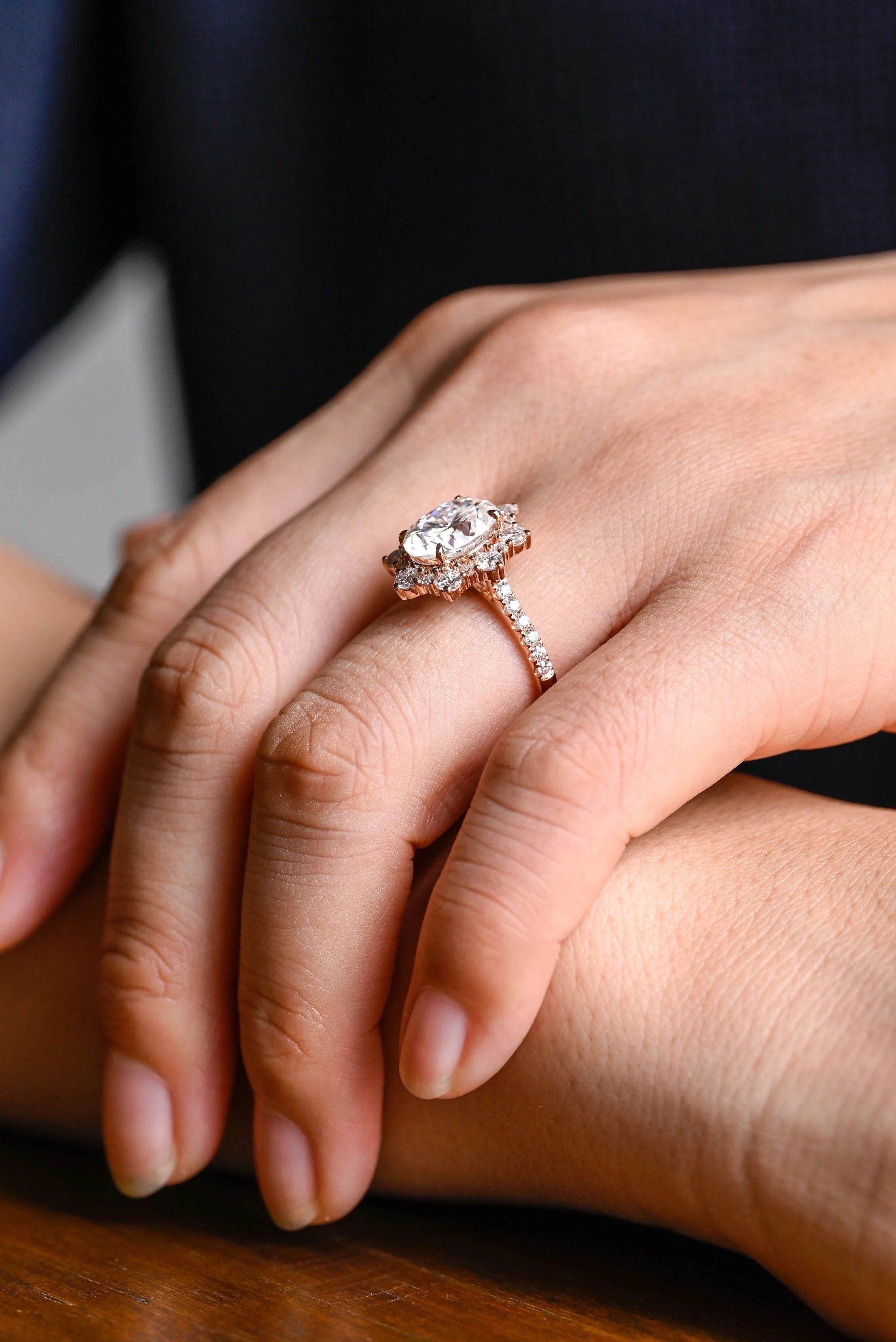 Solid Gold Floral Halo Oval Moissanite Half Eternity Engagement Ring