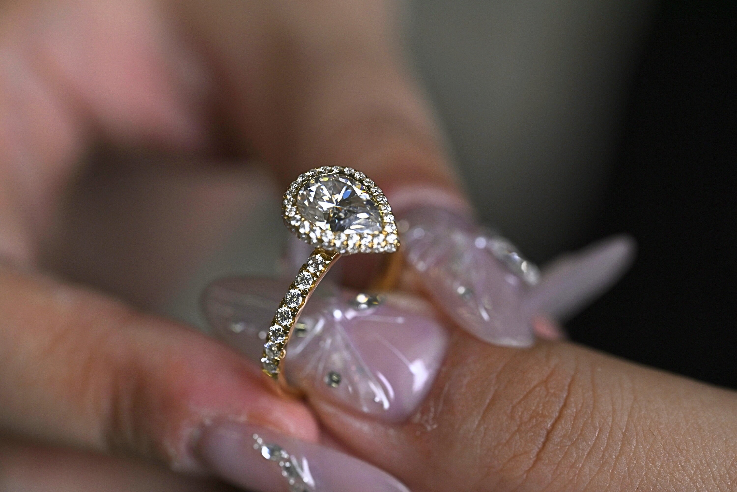 Solid Gold Pear Moissanite Engagement Ring, Half Eternity & Halo Promise/Proposal Ring
