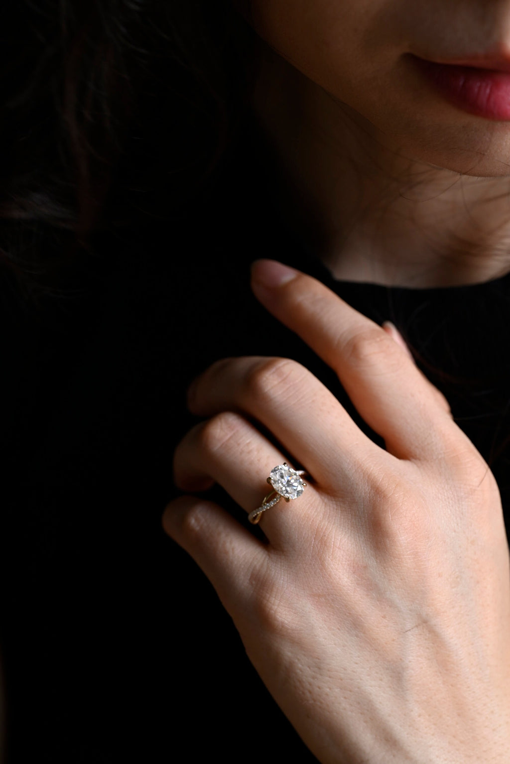 Solid Gold Oval Moissanite Engagement Ring, Twisted Band Half Eternity Bridal Ring