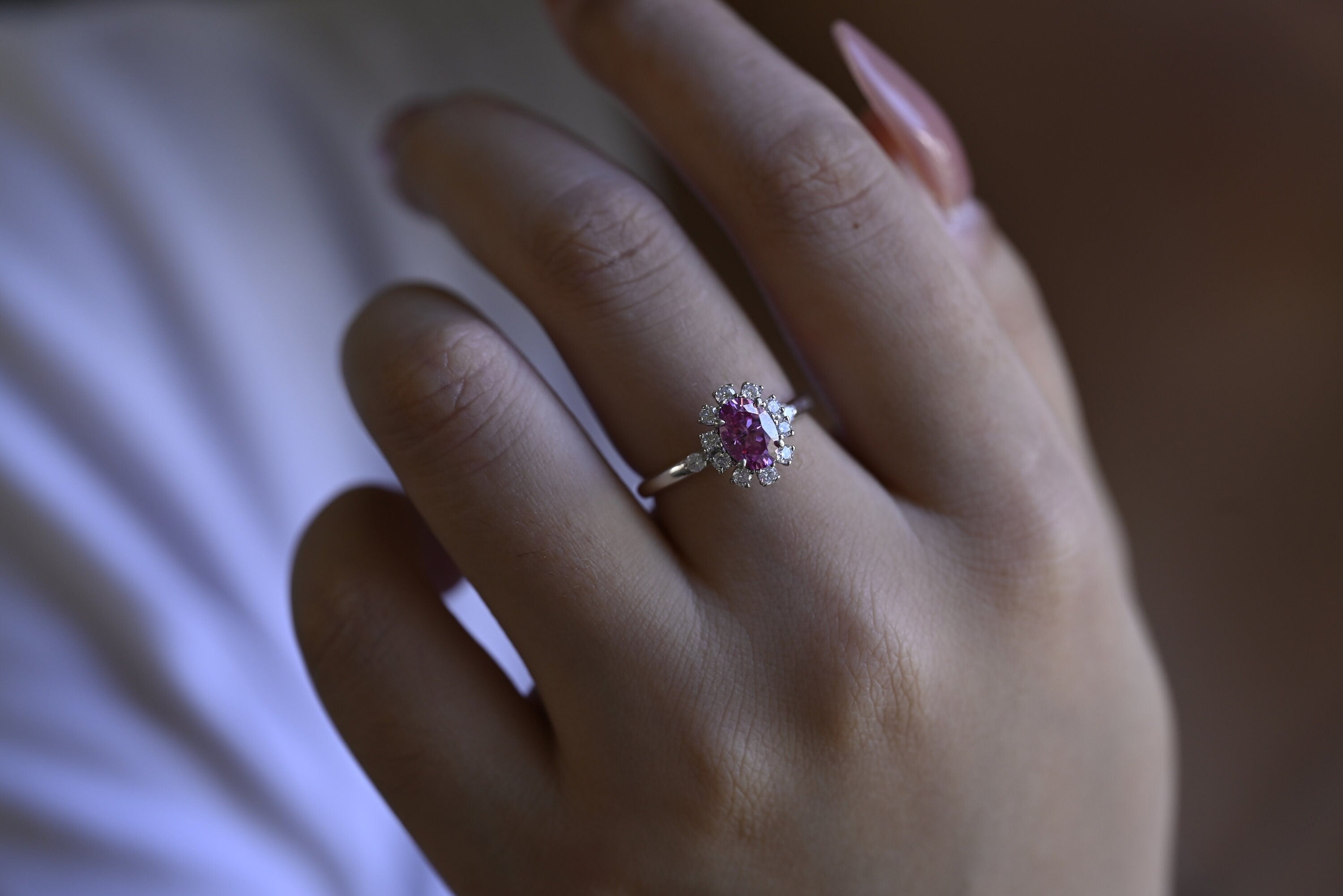 Solid Gold Oval Cut Moissanite Purple Sapphire Engagement Ring