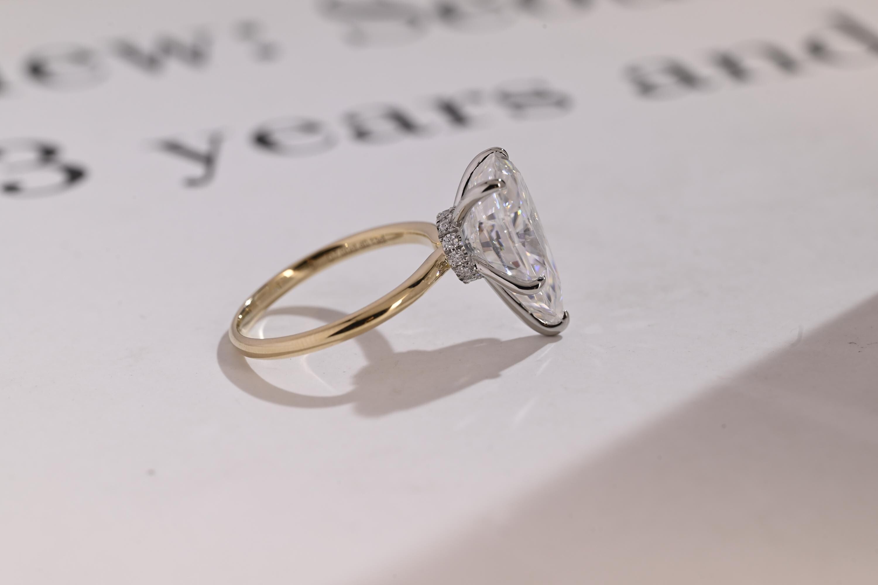 Solid Gold Two Tone Pear Moissanite Engagement Ring, Hidden Halo Promise Ring
