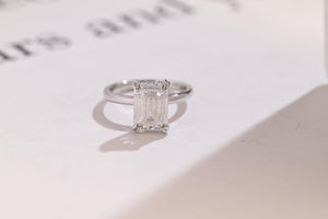 Solid Gold Double Prongs Emerald Cut Moissanite Engagement Ring, Promise Ring