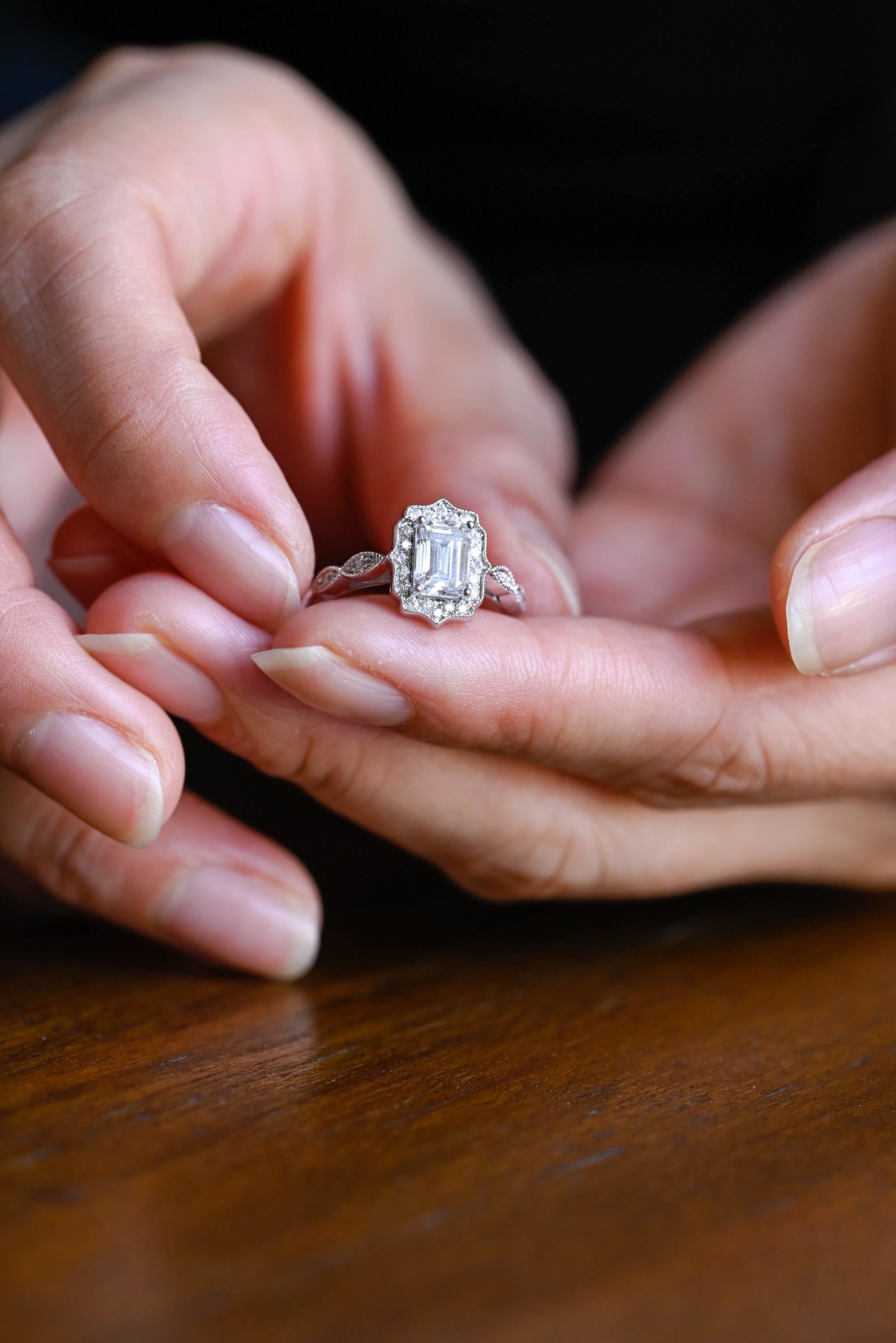 Solid Gold Emerald Cut Moissanite Engagement Ring, Beaded Halo Half Pave Ring