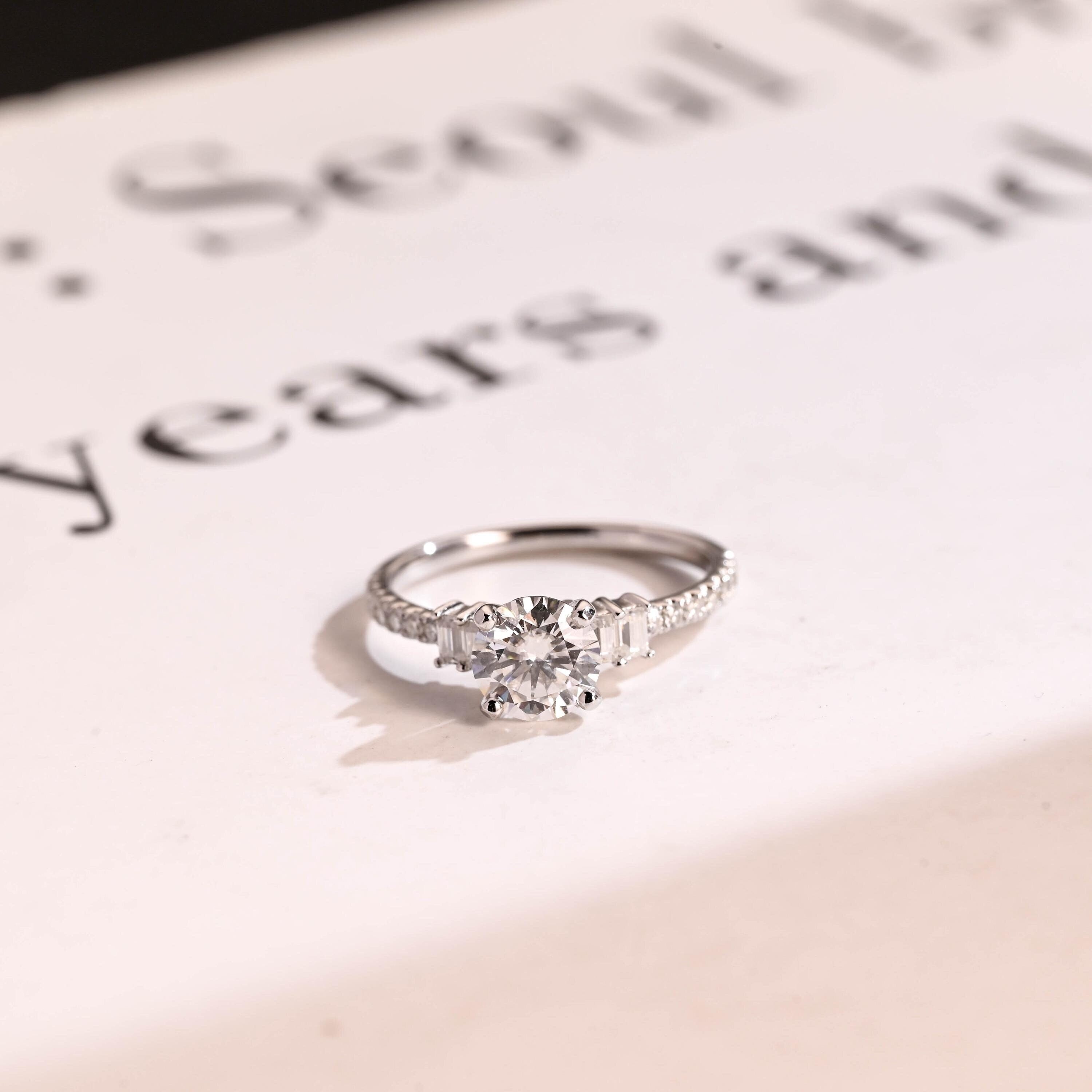 Solid Gold Round Moissanite Engagement Ring, Half Eternity Promise Ring Main image