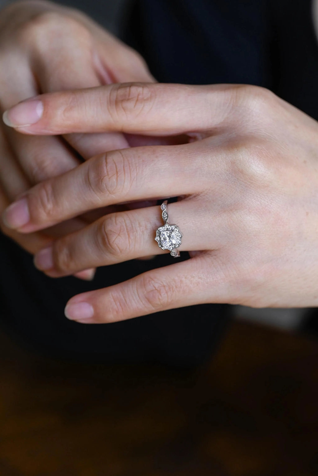 Solid Gold Princess Cut Moissanite Engagement Ring, Beaded Halo Proposal Ring