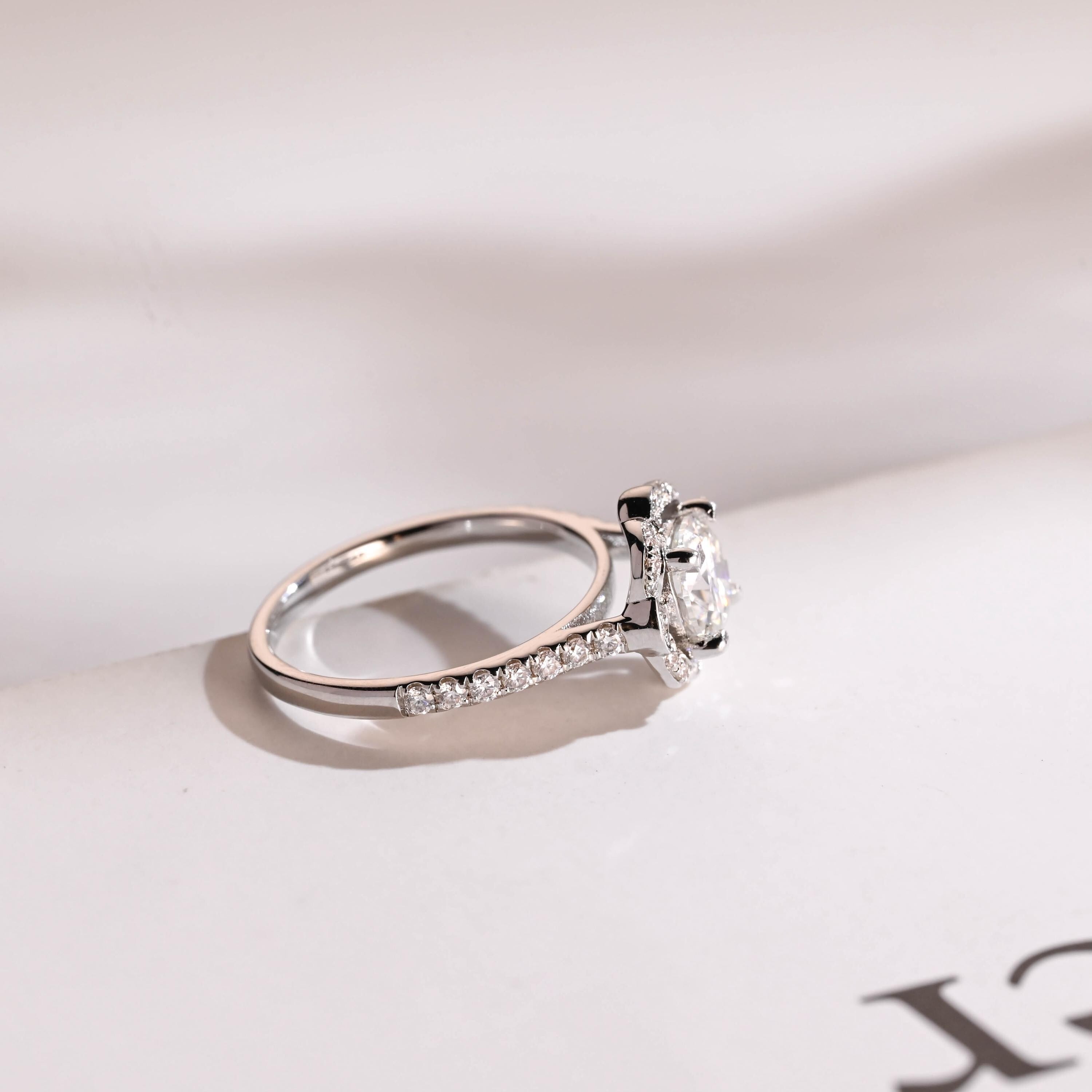 Solid Gold Round Moissanite Engagement Ring, Floral Halo Ring
