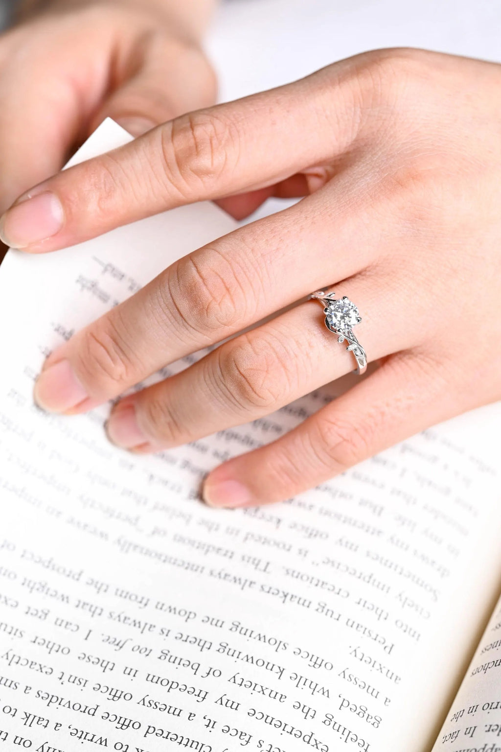 Solid Gold Round Moissanite Engagement Ring, Nature Inspired Proposal Ring