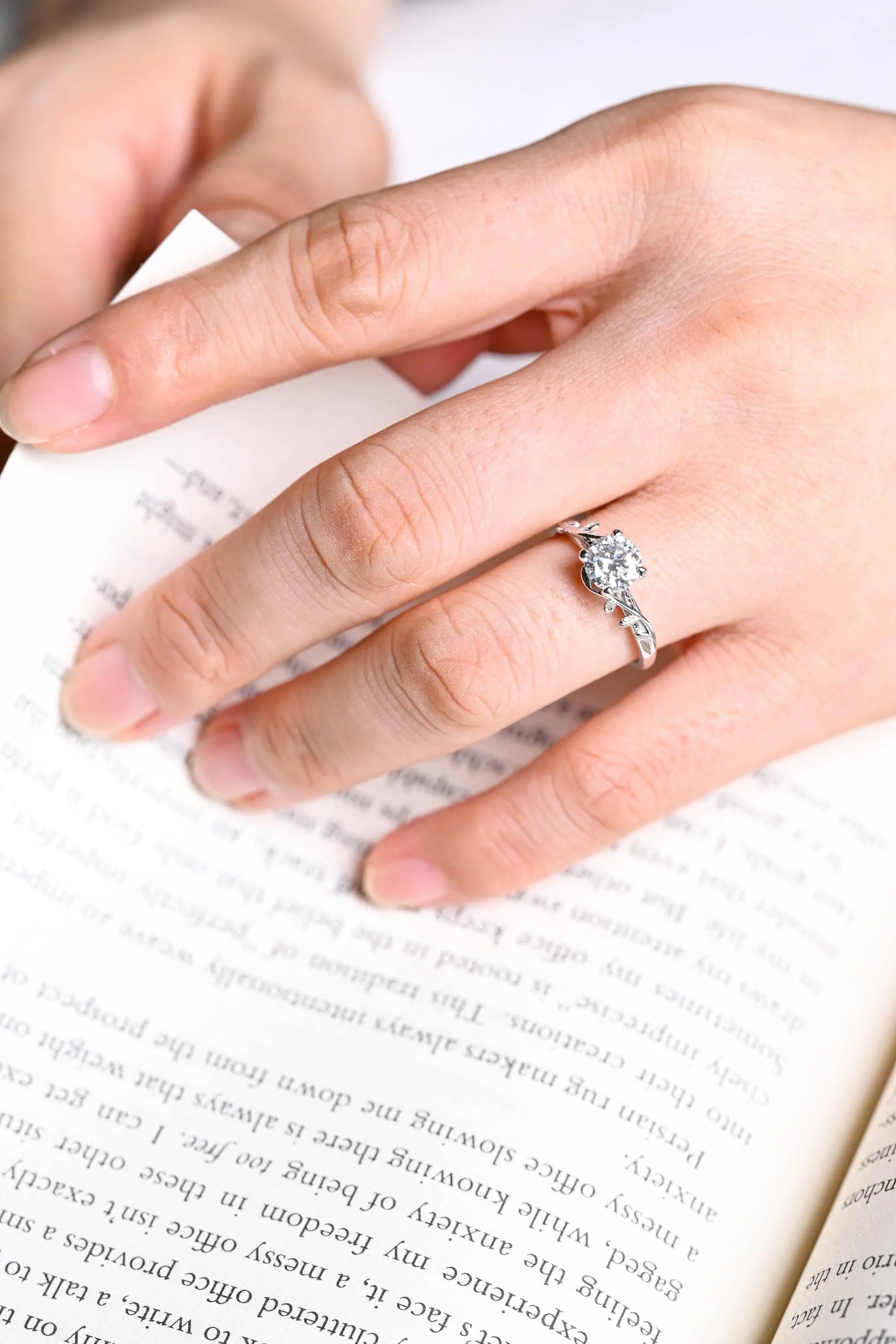 Solid Gold Round Moissanite Engagement Ring, Nature Inspired Proposal Ring