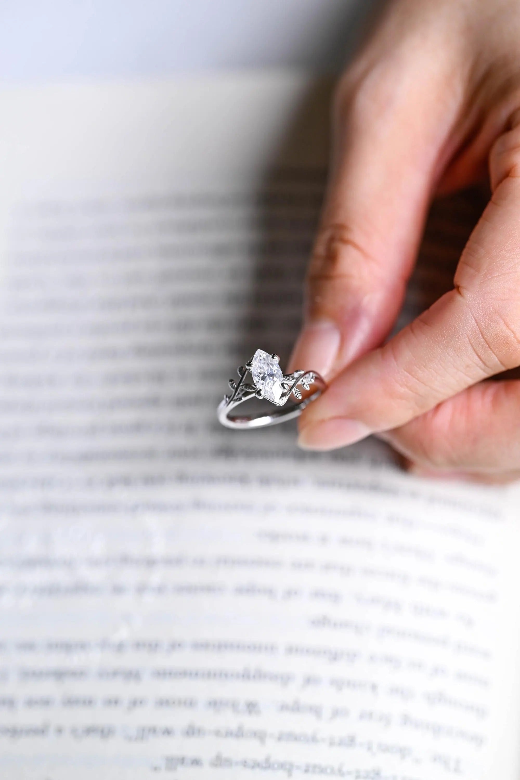 Solid Gold Leaf Ring, Marquise Moissanite Engagement Ring, Proposal Ring
