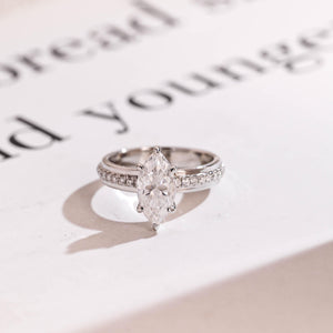 Solid Gold 4mm Wide Band, Marquise Moissanite Engagement Ring