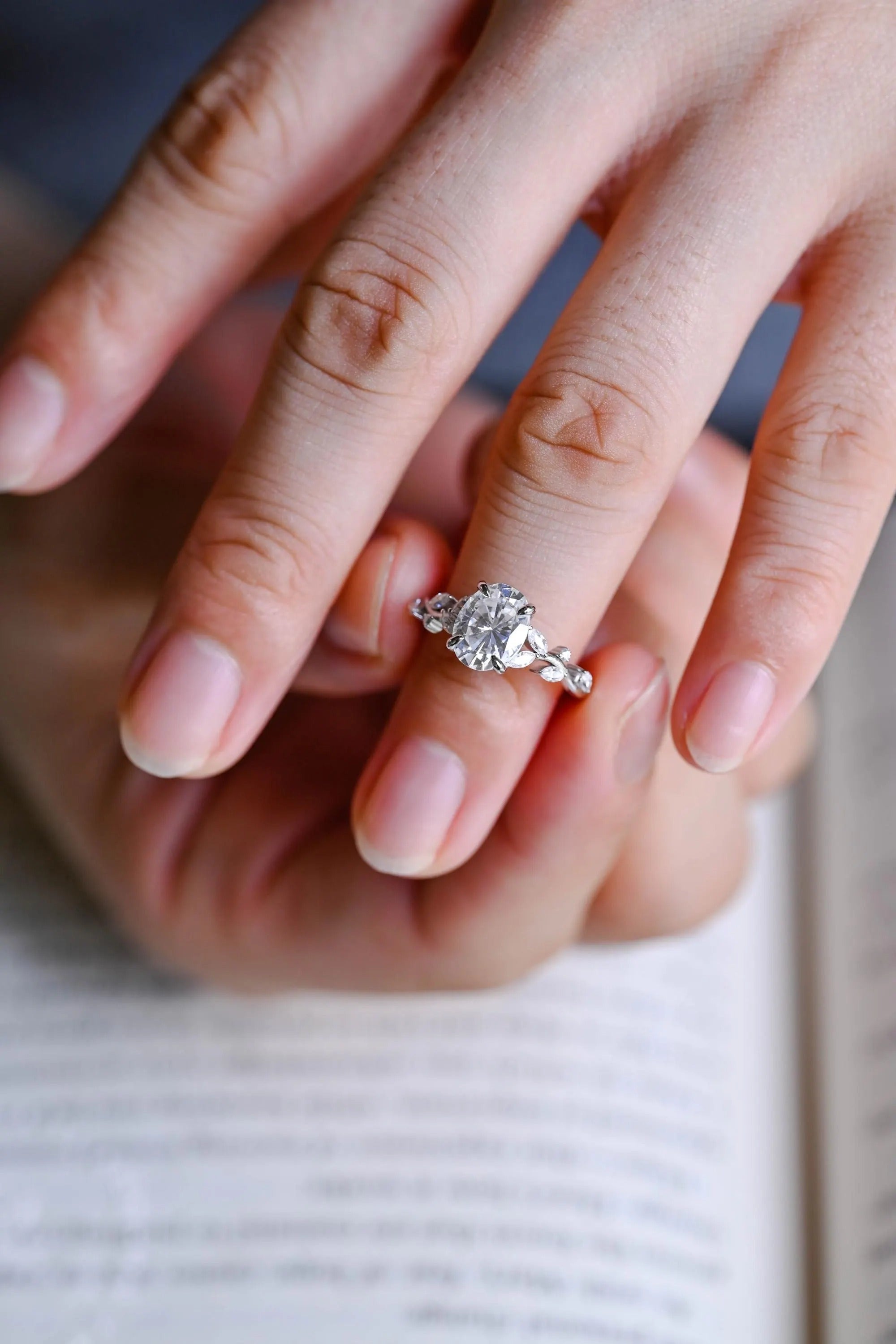 Solid Gold Oval Cut Moissanite Engagement Ring, Dainty Leaf Ring