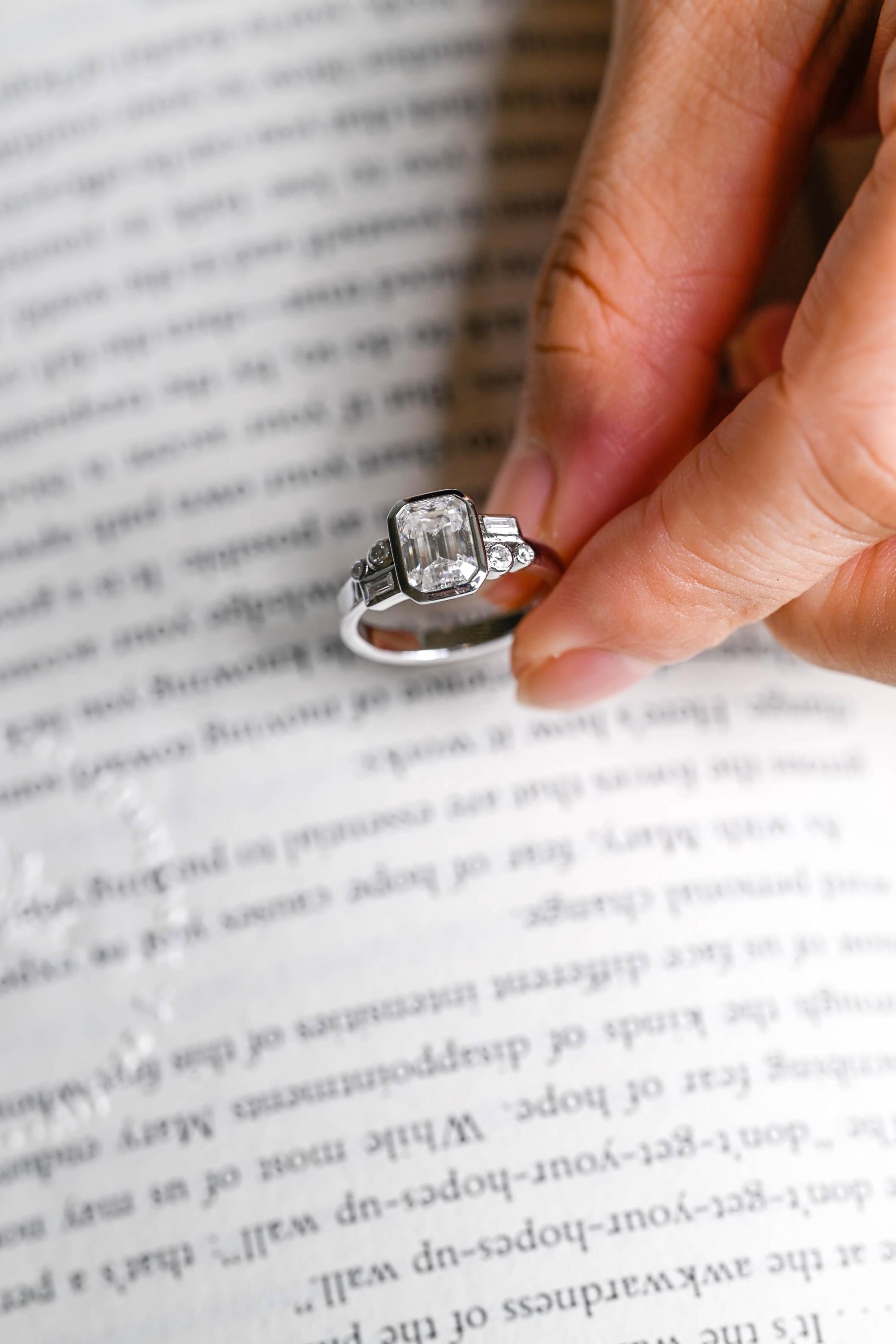 Solid Gold Bezel Emerald Cut Moissanite Engagement Ring, Dainty Cluster Promise Ring