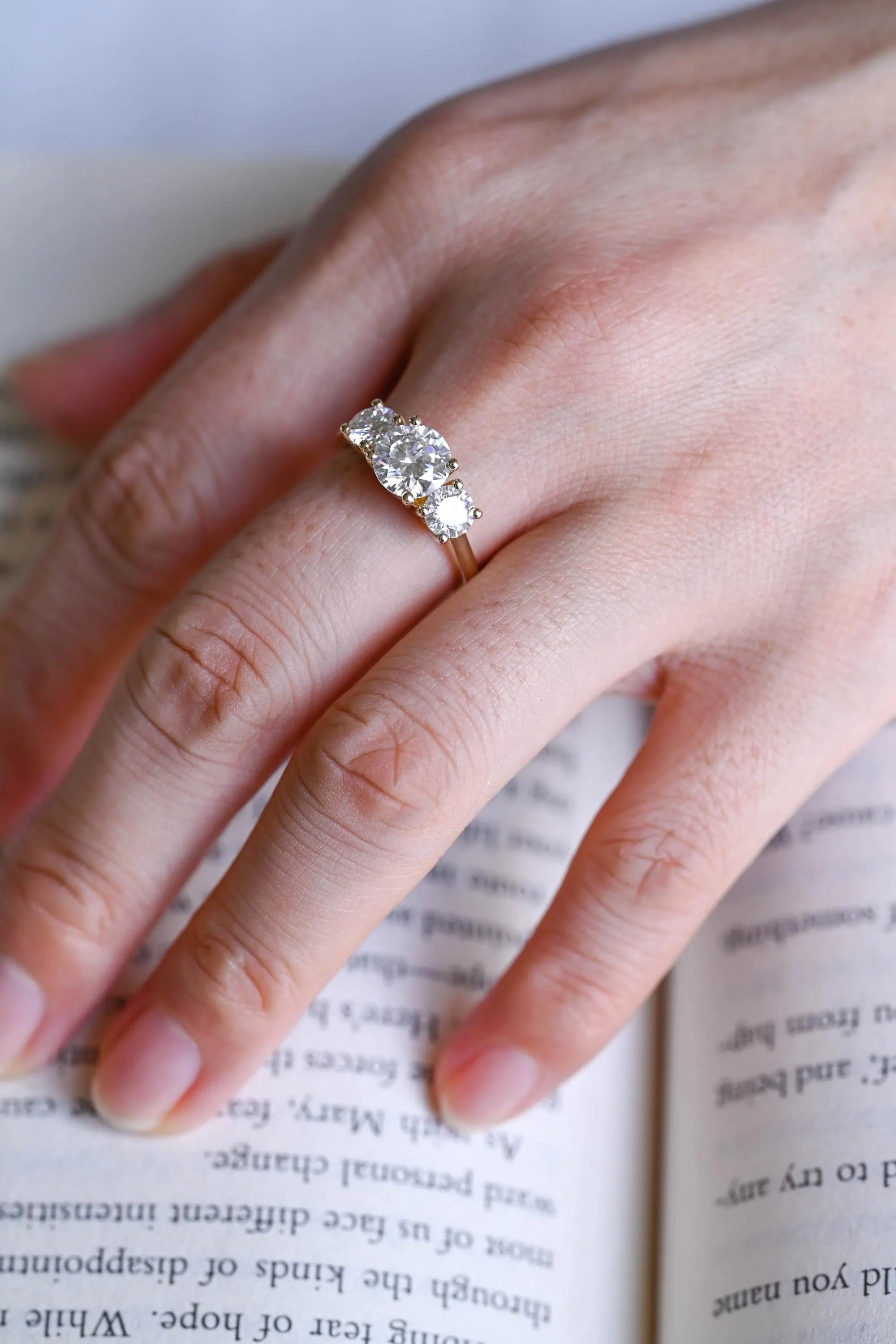 Solid Gold Three Stone Round Cut Moissanite Engagement Ring