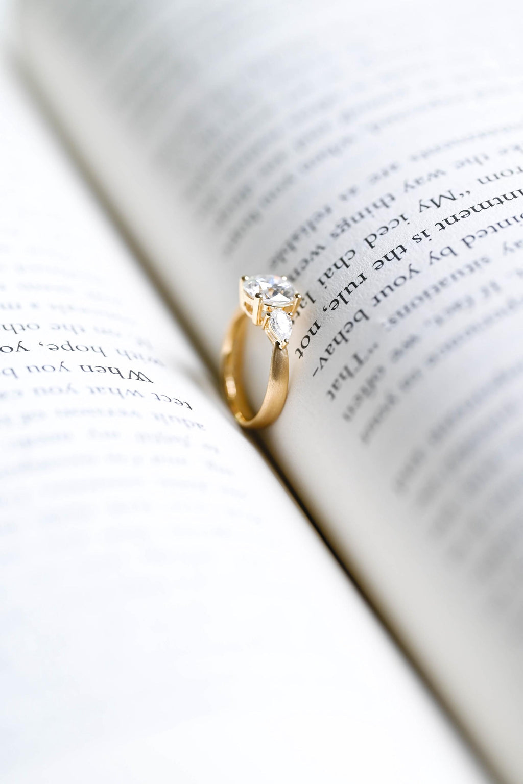 Solid Gold 3mm Width Three Stone Round Cut Moissanite Engagement Ring with Pear Accent