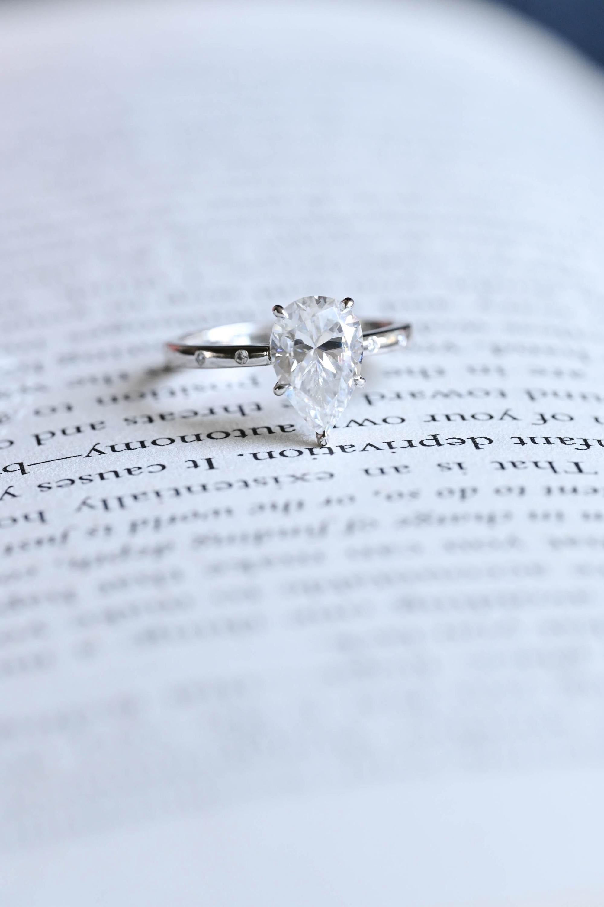 Solid Gold Pear Moissanite Engagement Ring with Hidden Halo