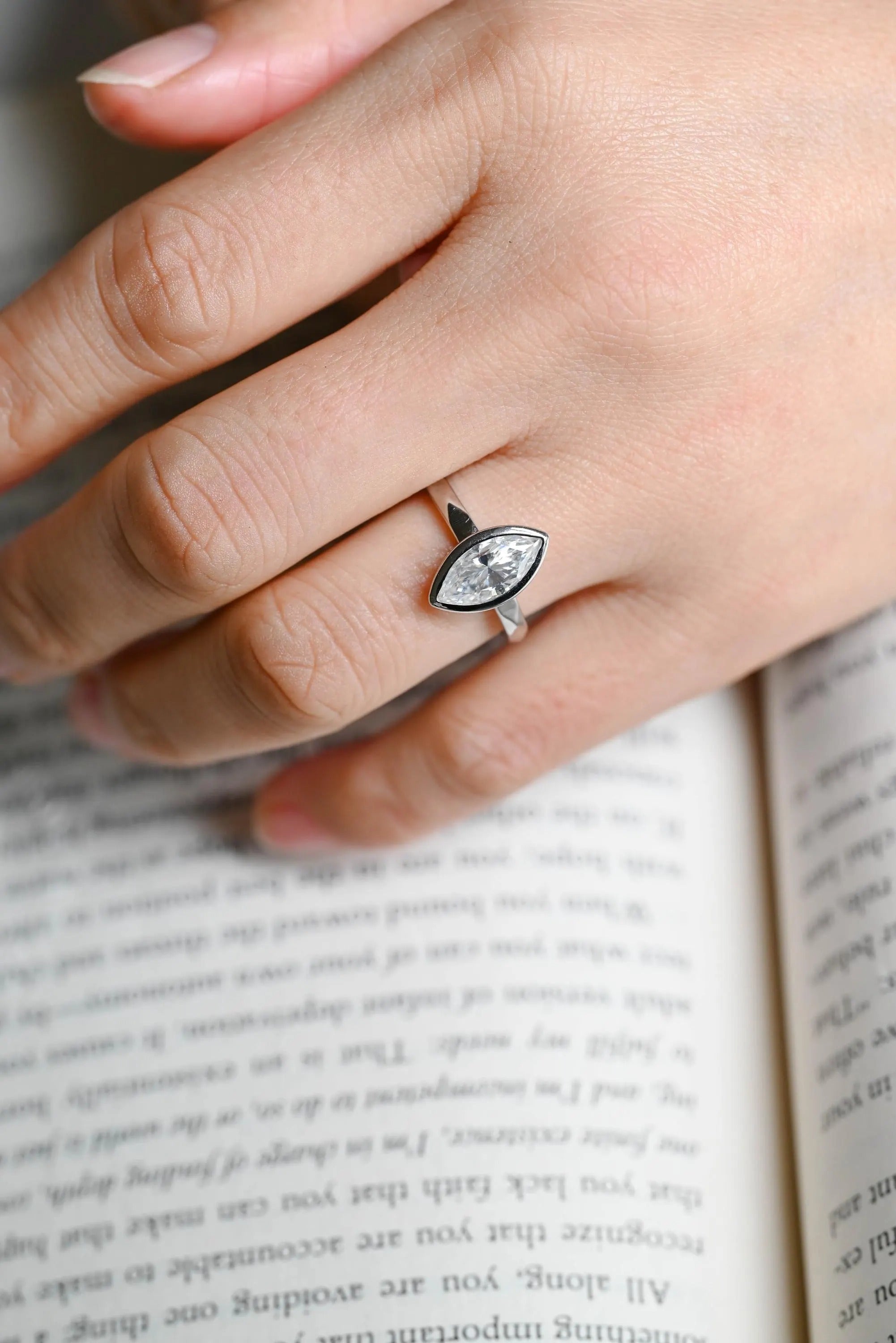 Solid Gold Marquise Moissanite Engagement Ring, Minimalist Bezel Ring