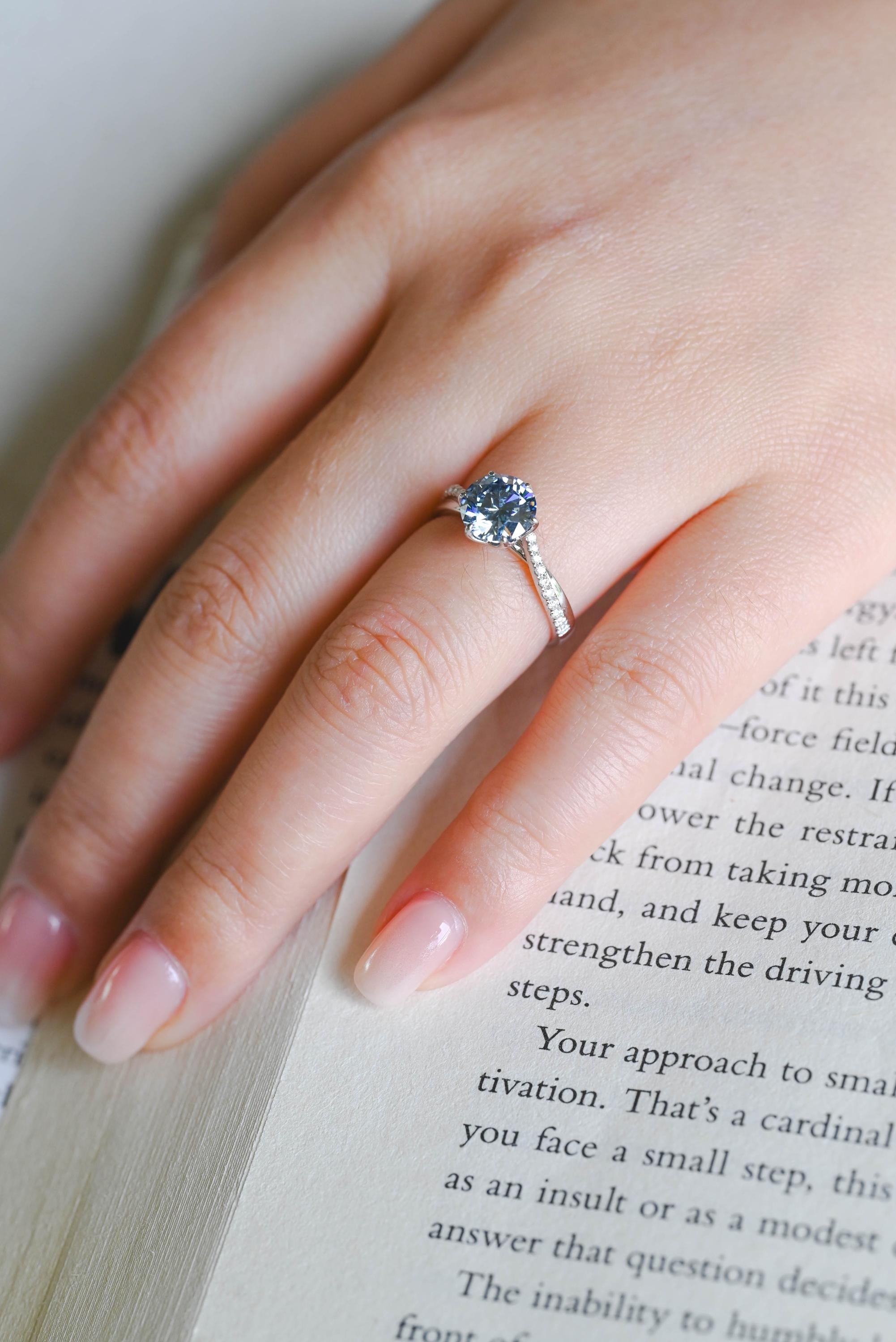 Solid Gold Round Cut Blue Moissanite Engagement Ring, Tulip Floral Bridal Ring
