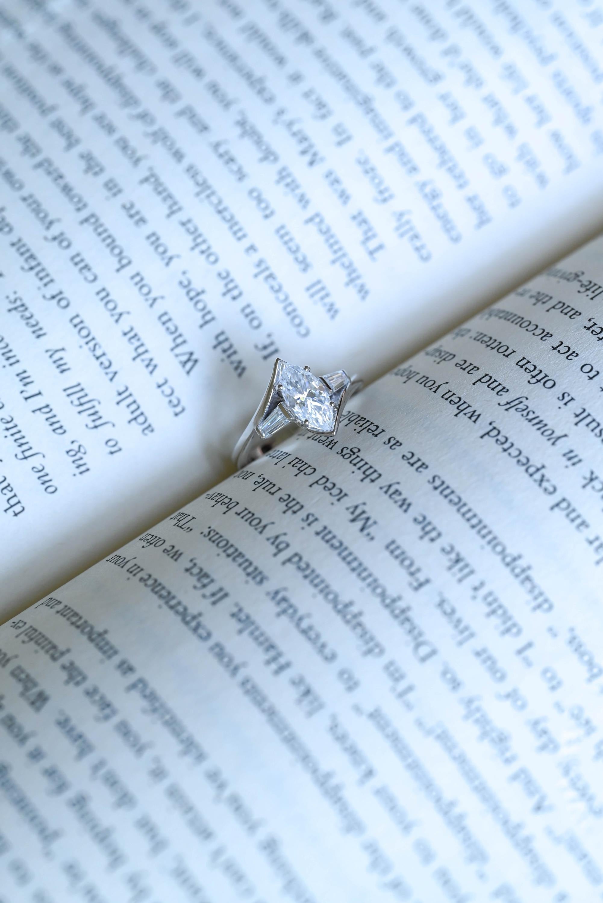 Solid Gold Marquise Moissanite Engagement Ring, Bezel Three Stone Ring