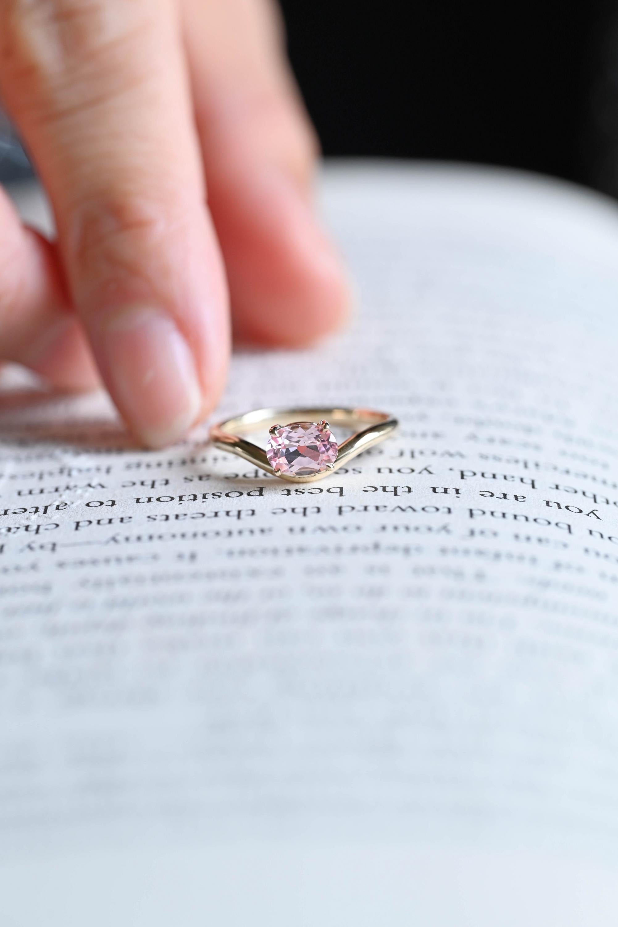 Solid Gold Oval Cut Moissanite Pink Sapphire Engagement Ring, Promise Ring