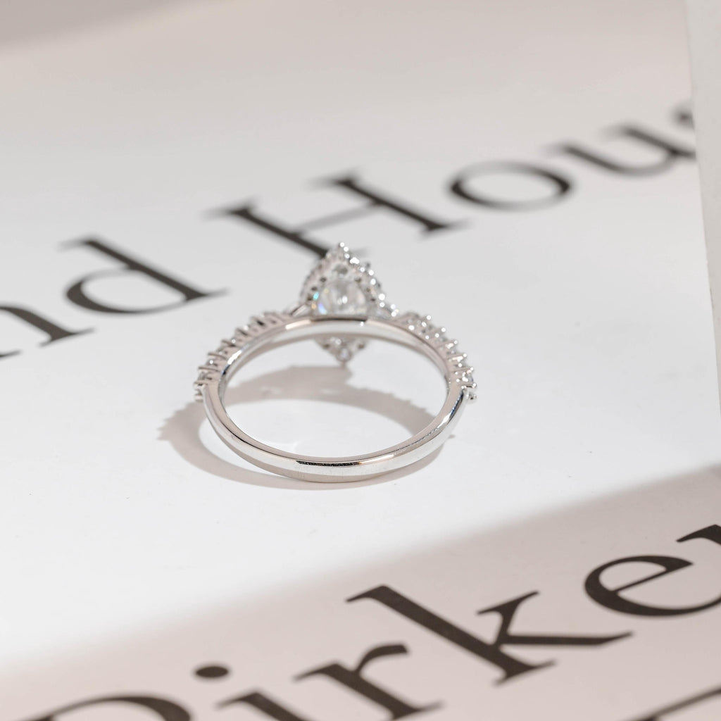 Solid Gold Marquise Cut Moissanite Engagement Ring, Halo & Half Pave Ring