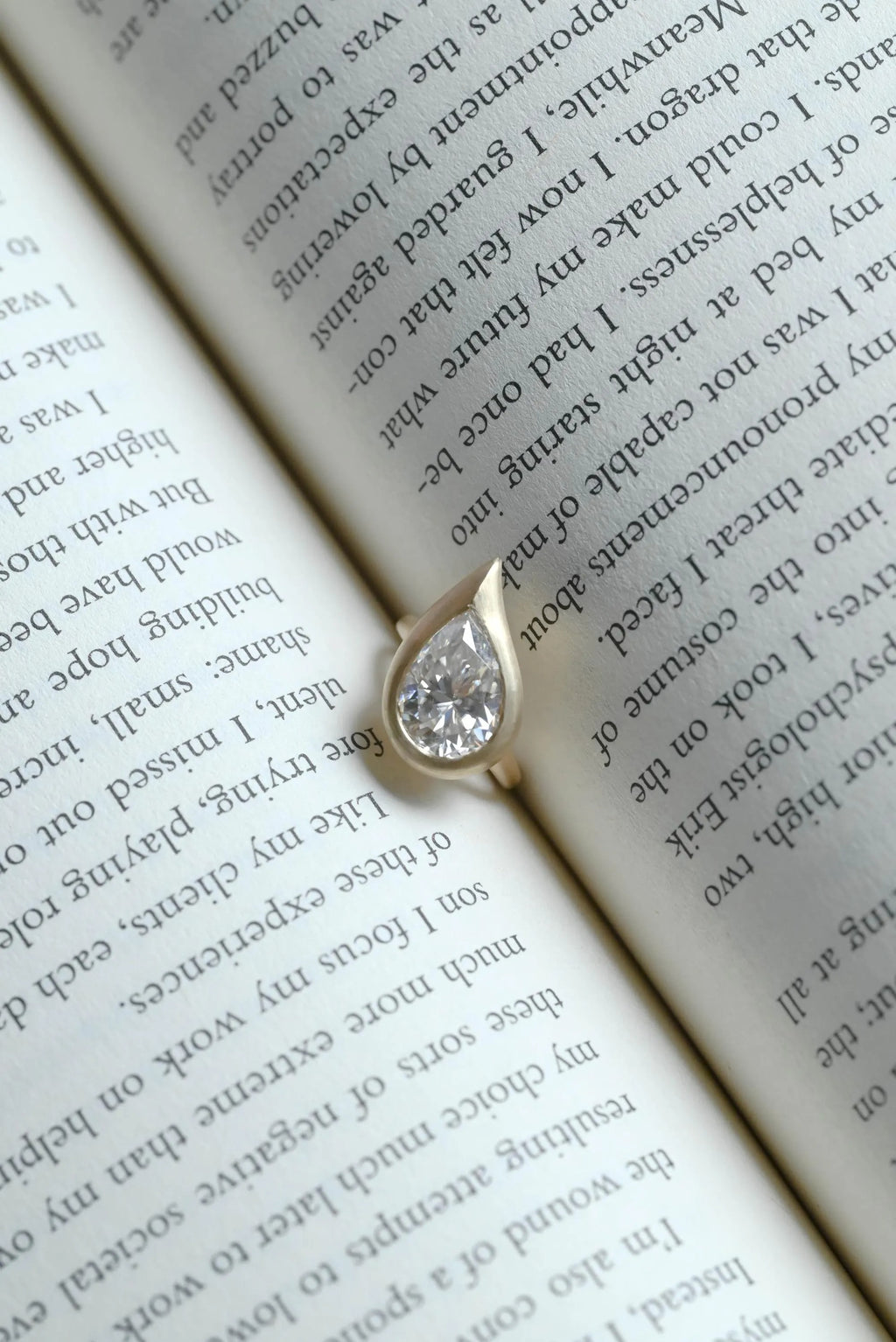 Solid Gold Pear Moissanite Engagement Ring, Bezel Set Brushed Finish