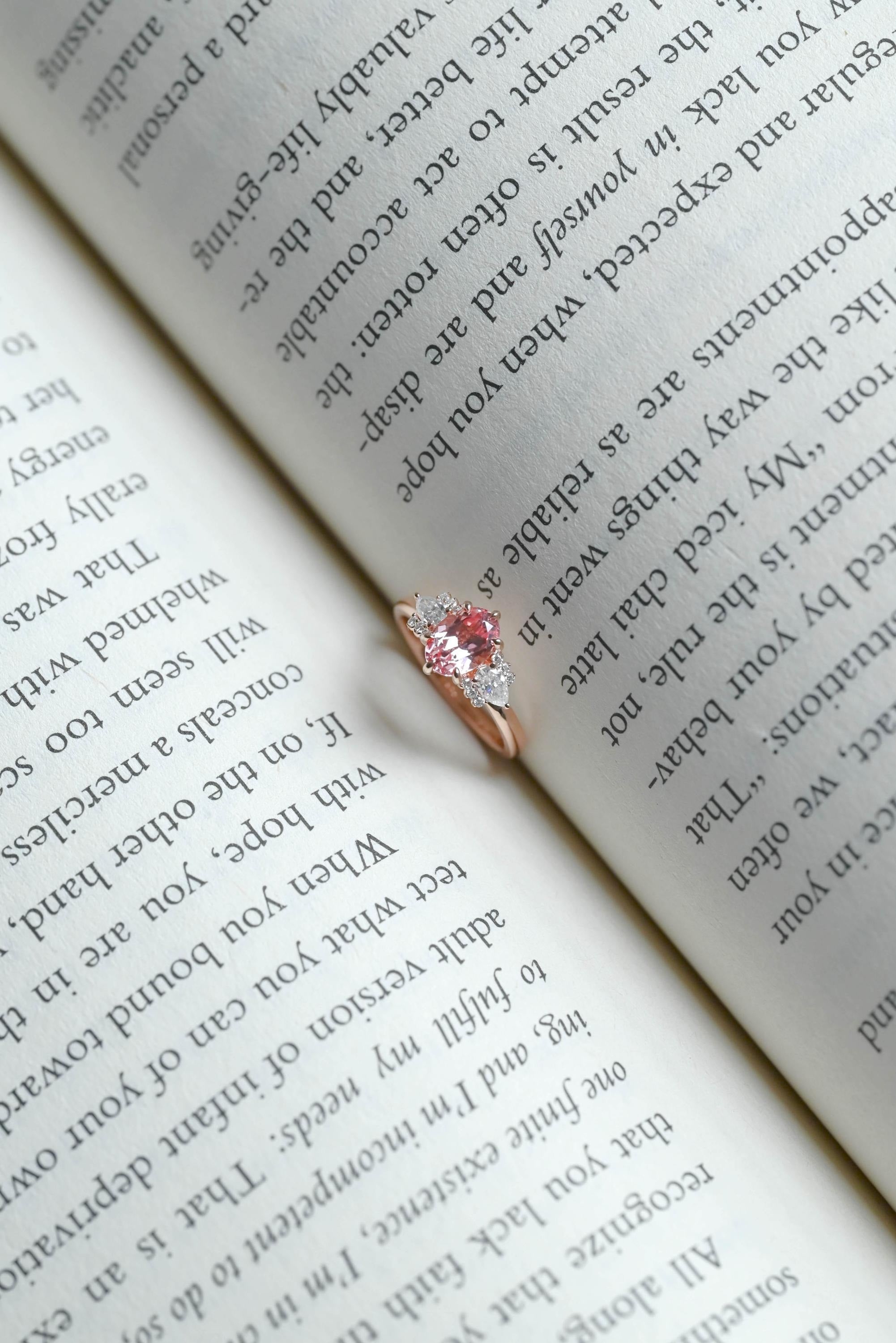 Solid Gold Oval Cut Pink Lab Grown Sapphire Engagement Ring, Three Stone Ring