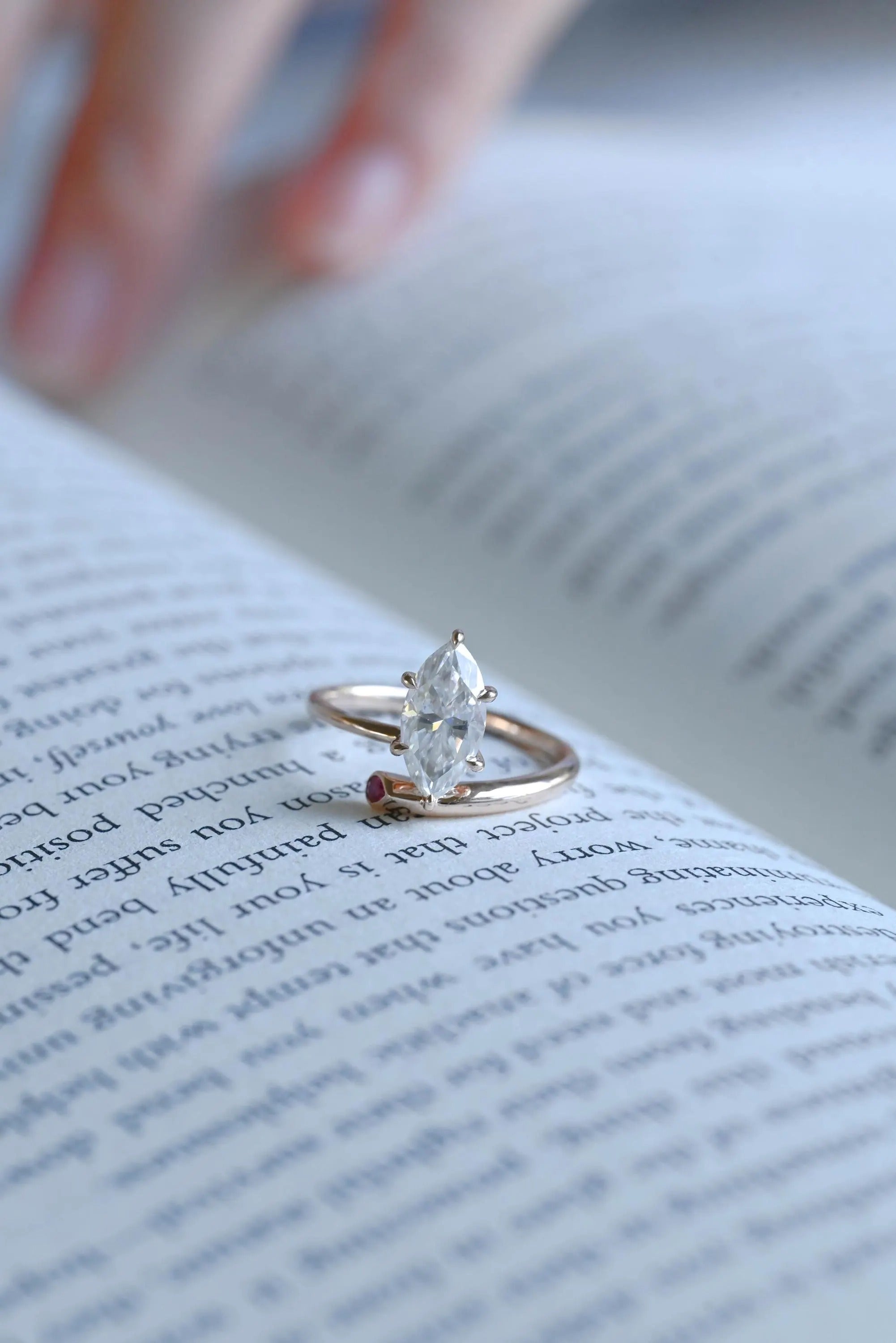 Solid Gold Marquise Cut Moissanite Engagement Ring, Open Shank Ring