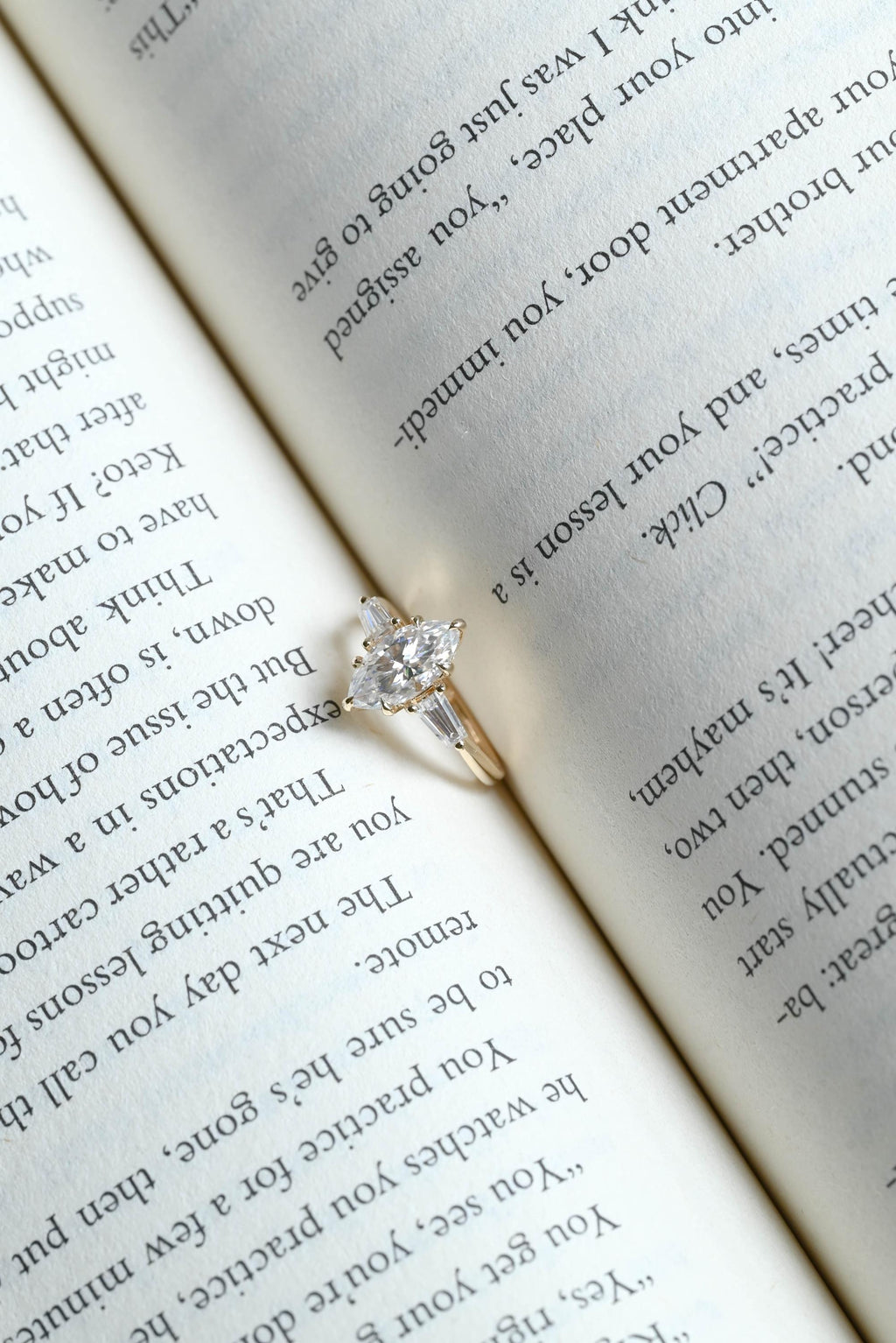 Solid Gold Three Stone Ring, Marquise Moissanite Engagement Ring