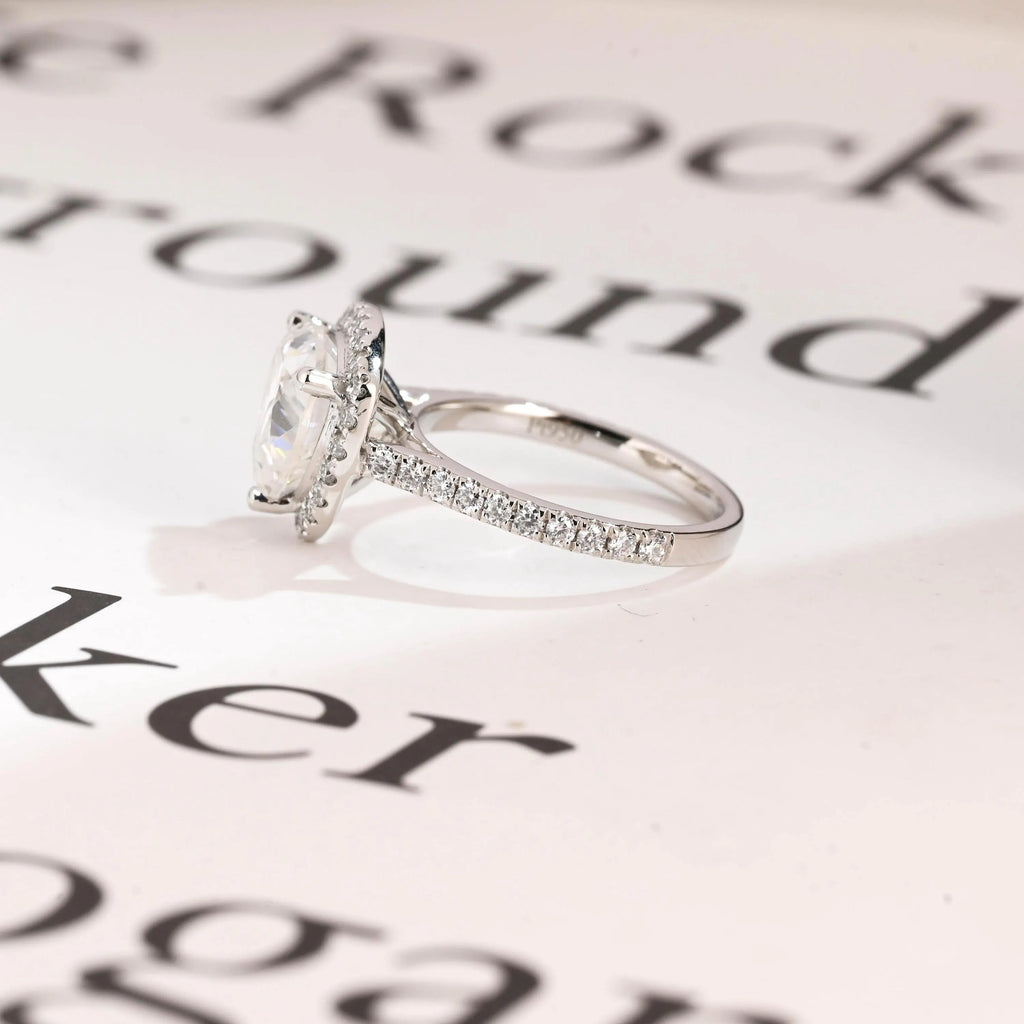 Solid Gold Trillion Cut Moissanite Engagement Ring, Halo Triangle Wedding Ring