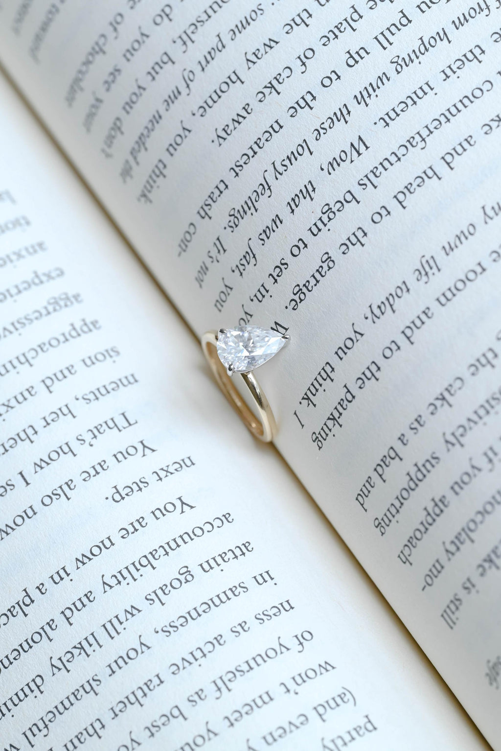 Solid Gold Two Tone Pear Cut Moissanite Engagement Ring, Unique Anniversary Ring