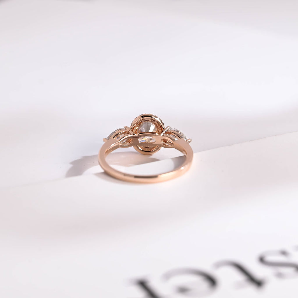 Solid Gold Three Stone Oval Cut Moissanite Engagement Ring