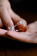 Solid Gold Three Stone Ring, Round Cut Moissanite Engagement Ring