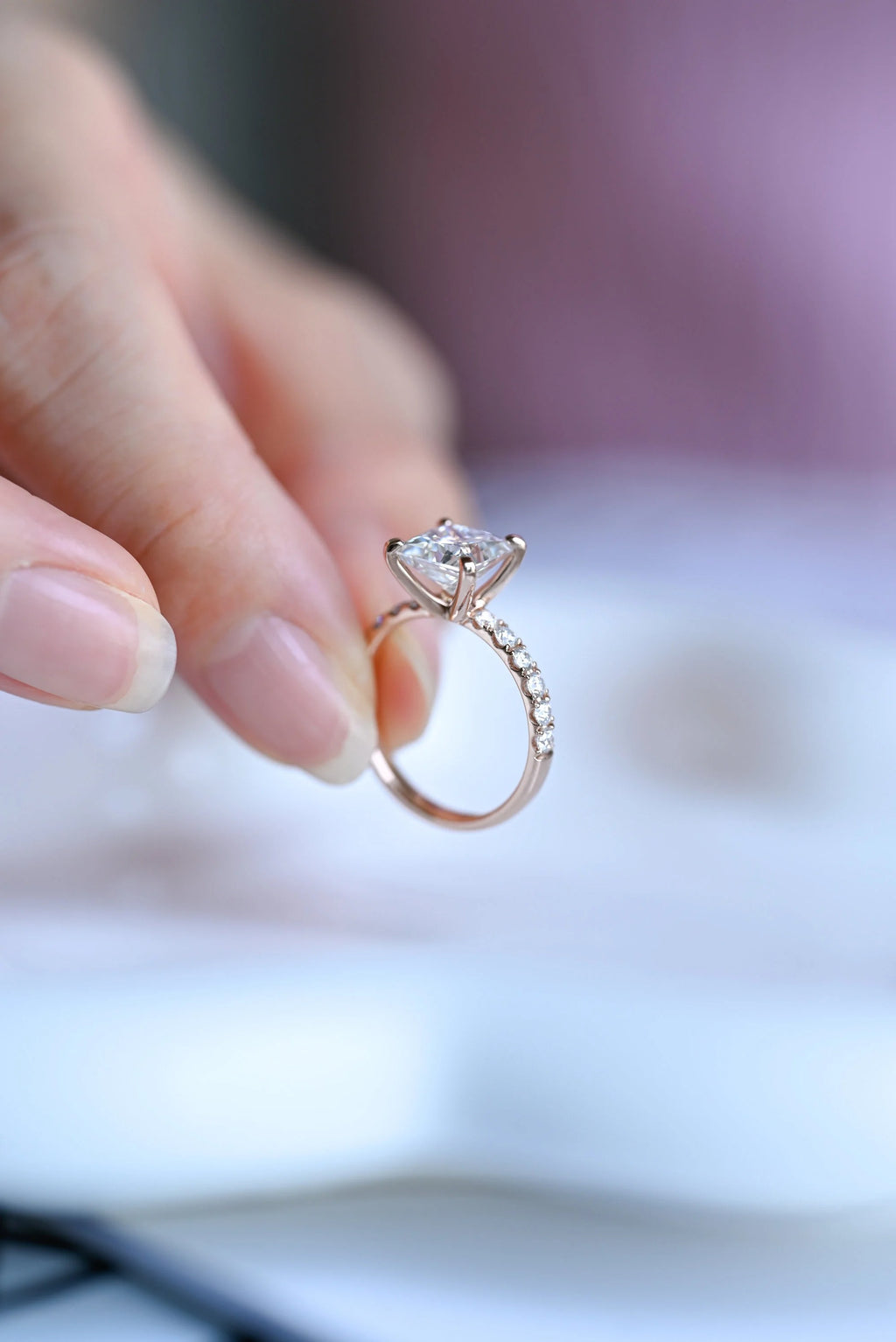 Solid Gold Princess Cut Moissanite Engagement Ring, Anniversary Gift for Her