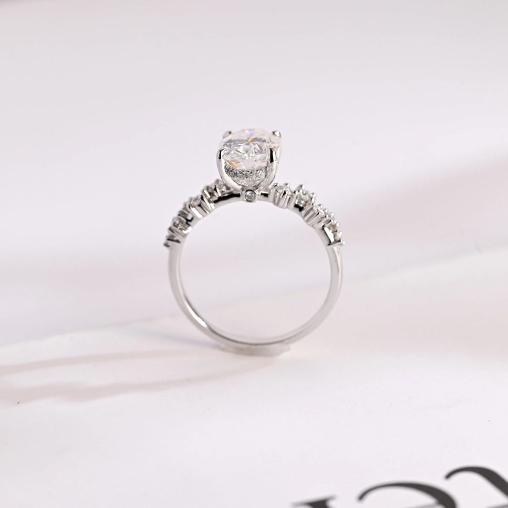 Solid Gold Oval Cut Moissanite Engagement Ring with Hidden Halo