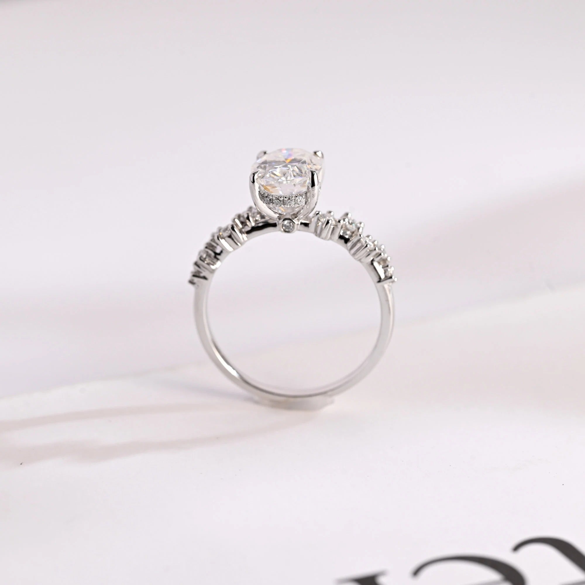 Solid Gold Oval Cut Moissanite Engagement Ring with Hidden Halo
