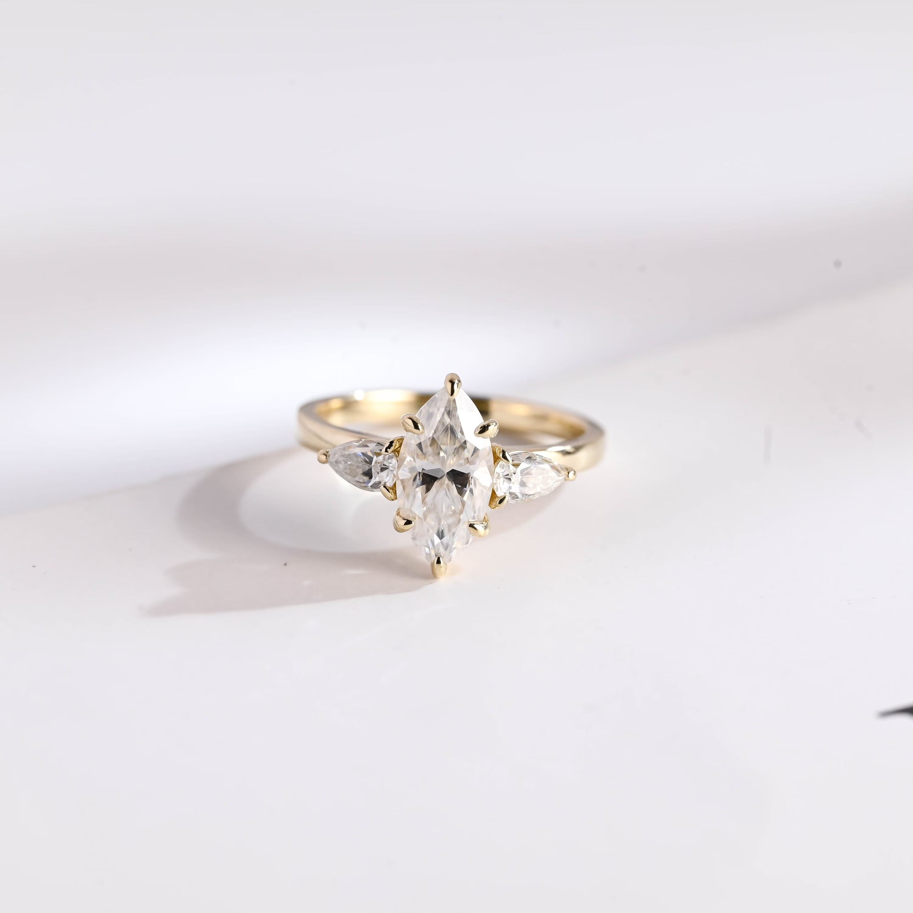 Solid Gold Marquise Cut Moissanite Engagement Ring, Three Stone Ring Main image