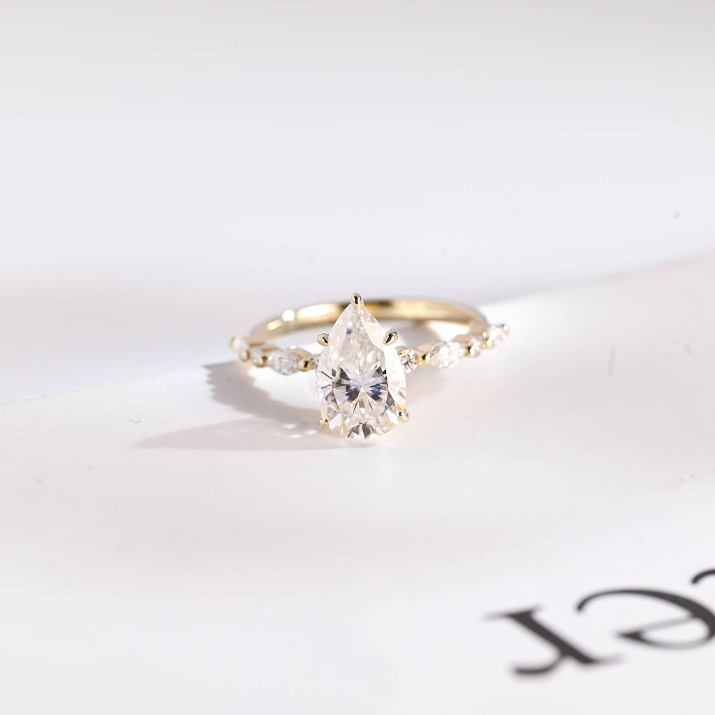 Solid Gold Pear Cut Moissanite Engagement Ring, Promise Ring