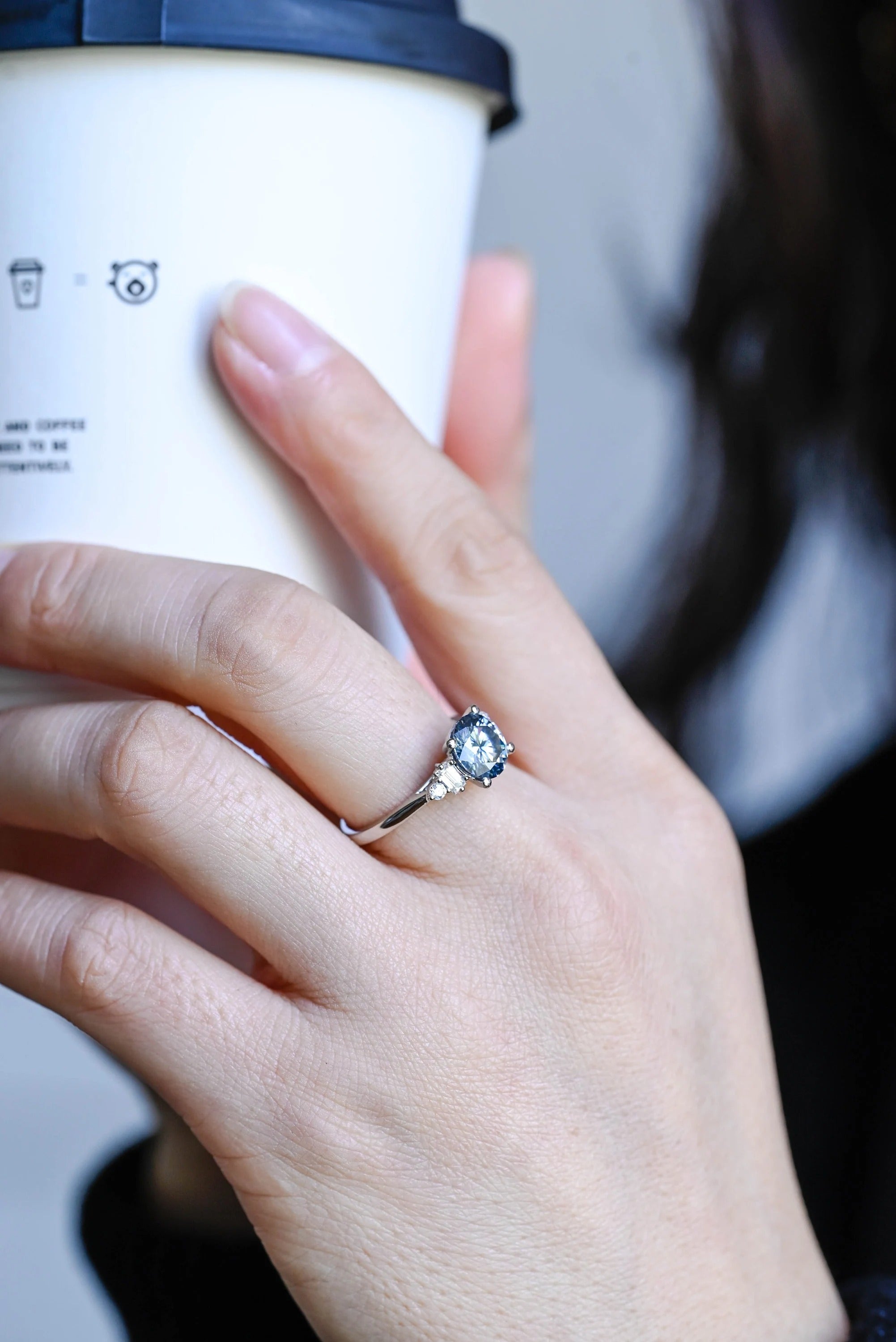 Solid Gold Light Blue Round Cut Moissanite Engagement Ring, Anniversary Gift for Her