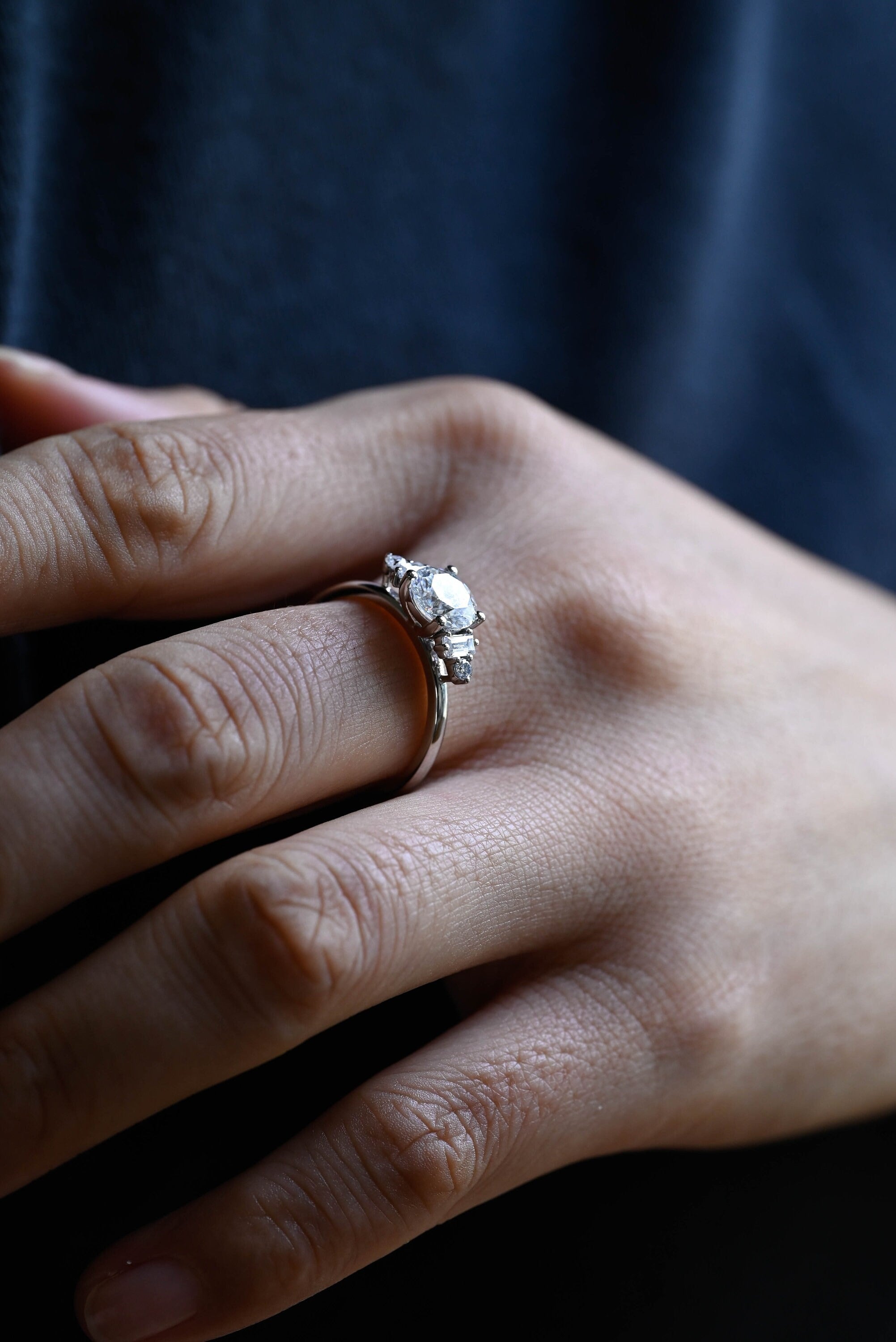 Three Stone Round Moissanite Engagement Ring, Solid Gold Dainty Anniversary Ring