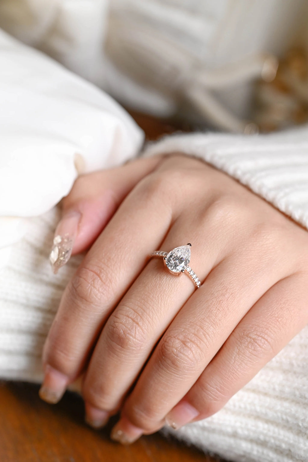 Solid Gold Pear Cut Moissanite Engagement Ring, Half Pave Proposal Ring