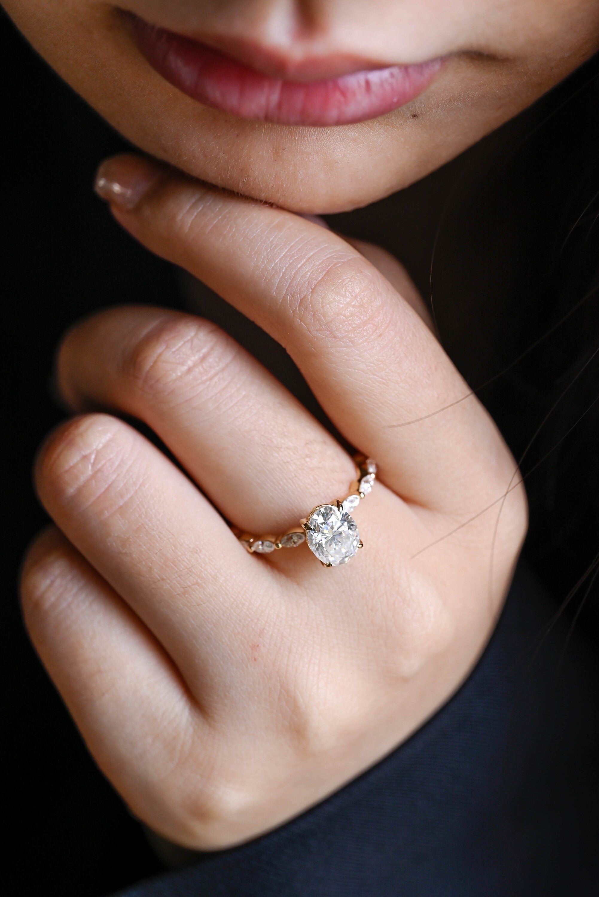 Solid Gold Oval Moissanite Engagement Ring with Marquise Moissanite Accent