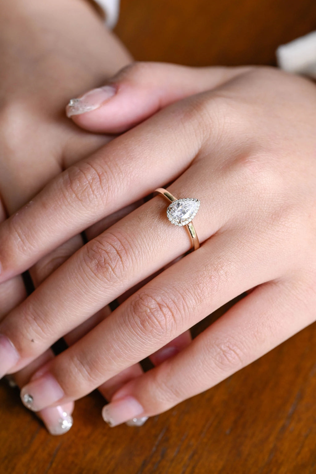 Solid Gold Pear Moissanite Engagement Ring, Flower Halo Promise Ring for Her