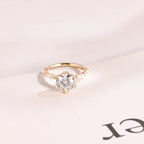 Solid Gold Floral Pave Round Moissanite Engagement Ring, Anniversary Gift for Her