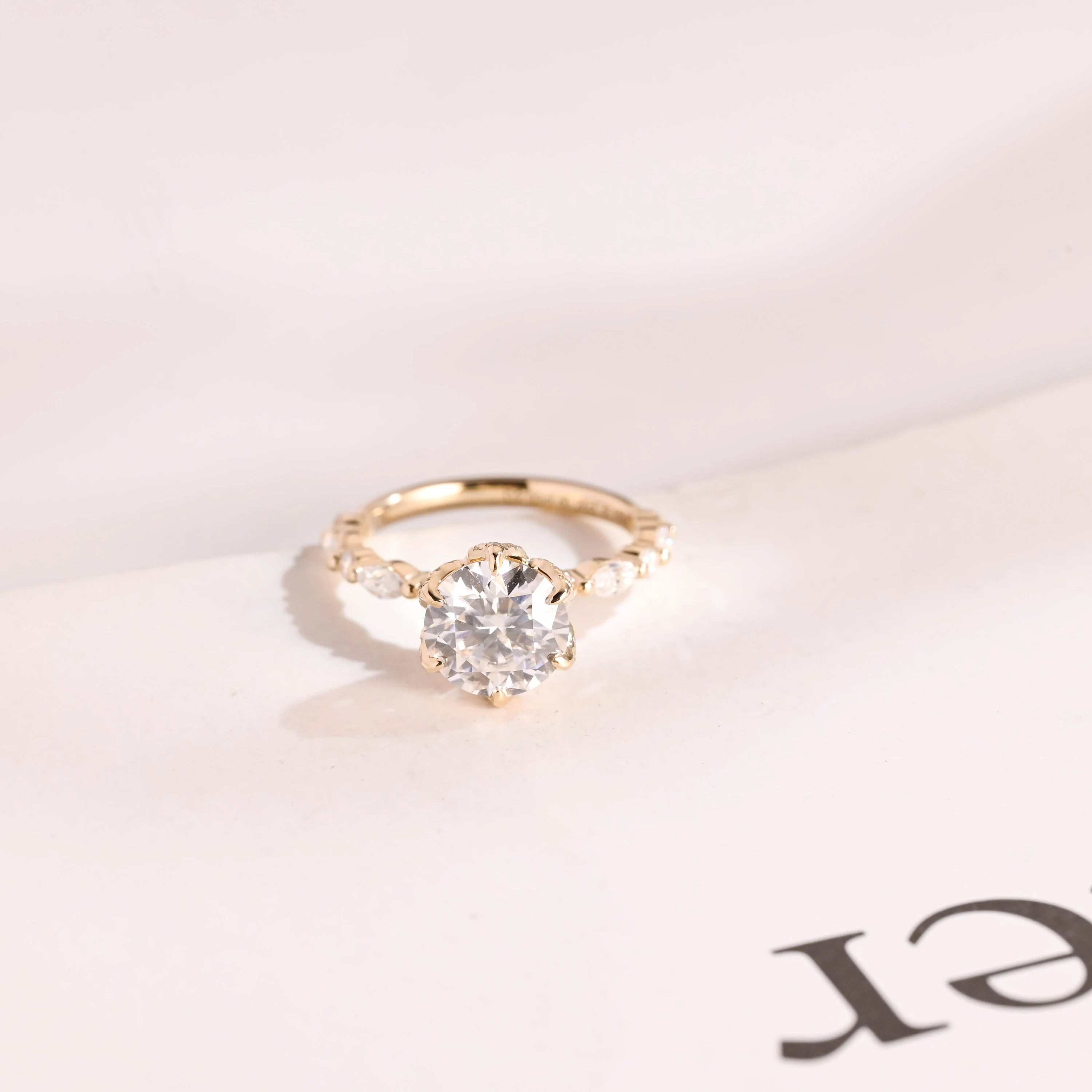 Solid Gold Floral Pave Round Moissanite Engagement Ring, Anniversary Gift for Her